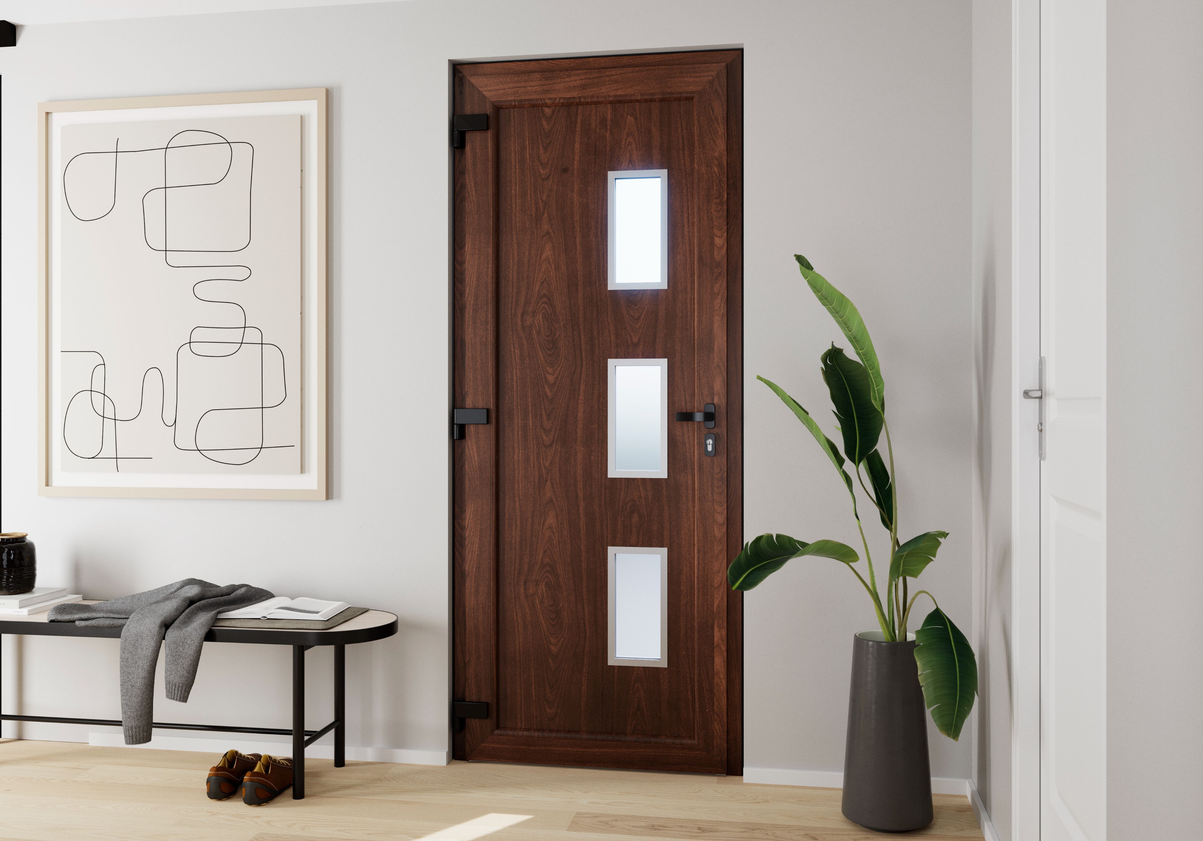 Usa de exterior pentru casa, PVC nuc, cu geam, dreapta, 205 x 88 cm • Fortia Kilifi