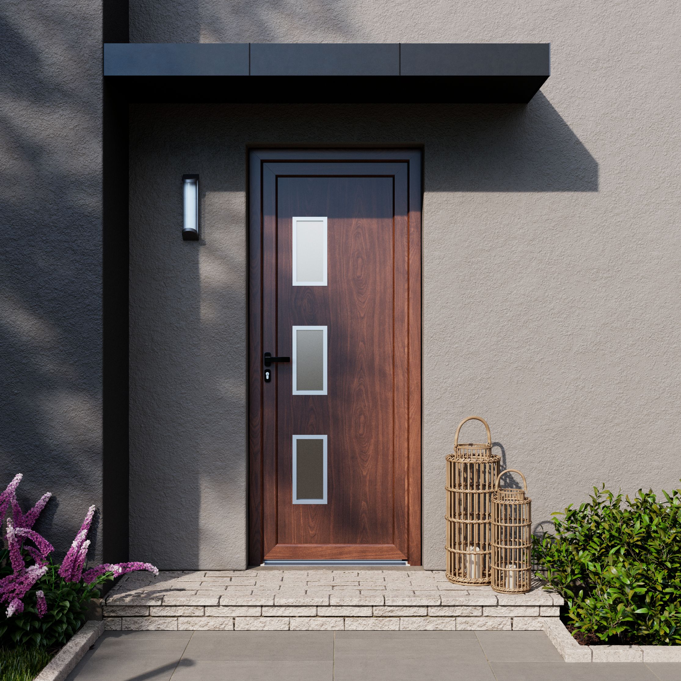 Usa de exterior pentru casa, PVC nuc, cu geam, dreapta, 205 x 88 cm • Fortia Kilifi
