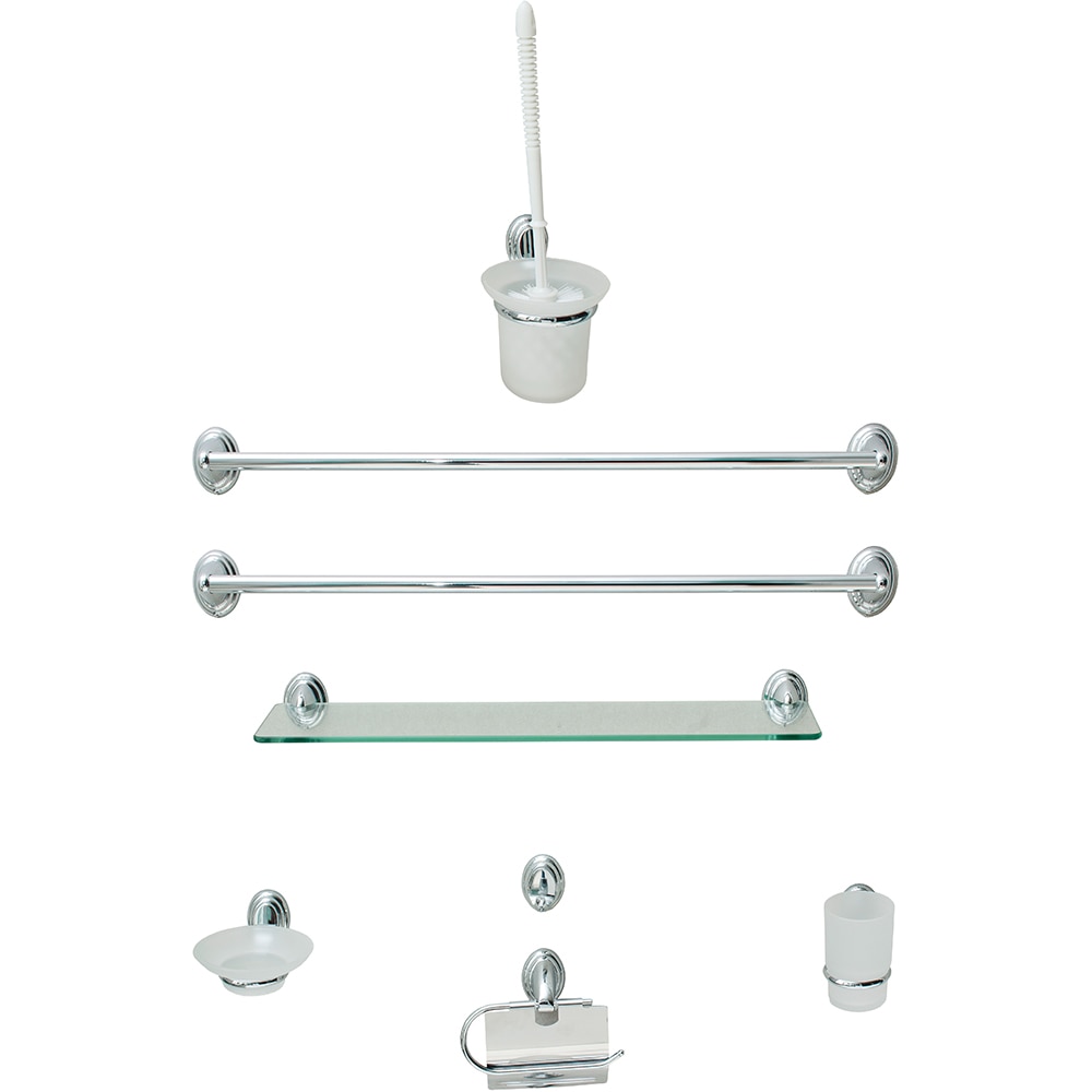 Set accesorii de baie FIBSE8, sticla si inox, argintiu opac, 8 piese