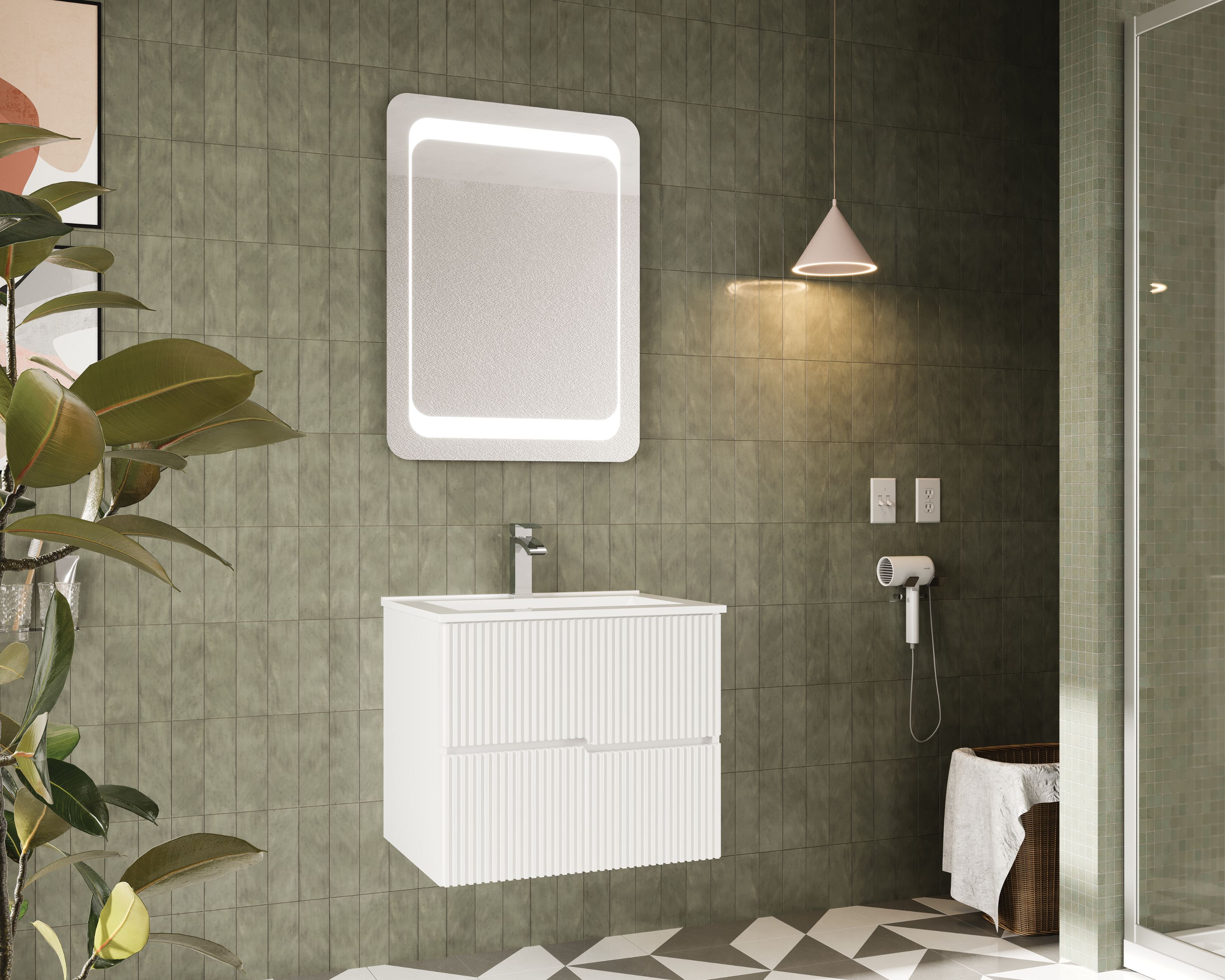 Set mobilier baie, alb, baza MDF, lavoar si oglinda LED, 60 cm • Rio