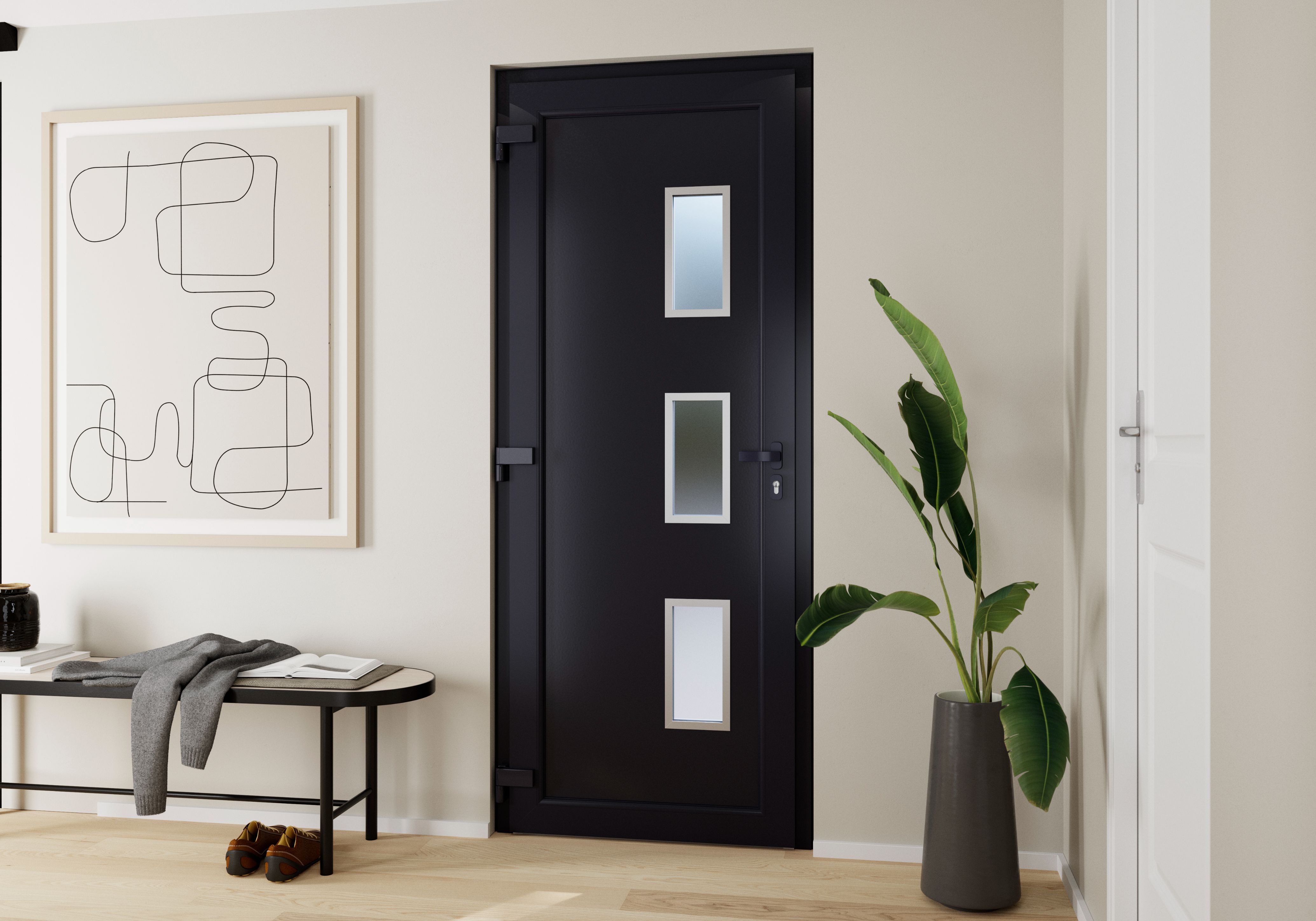 Usa de exterior pentru casa, PVC gri cu geam, stanga, 205 x 88 cm  Fortia Kilifi