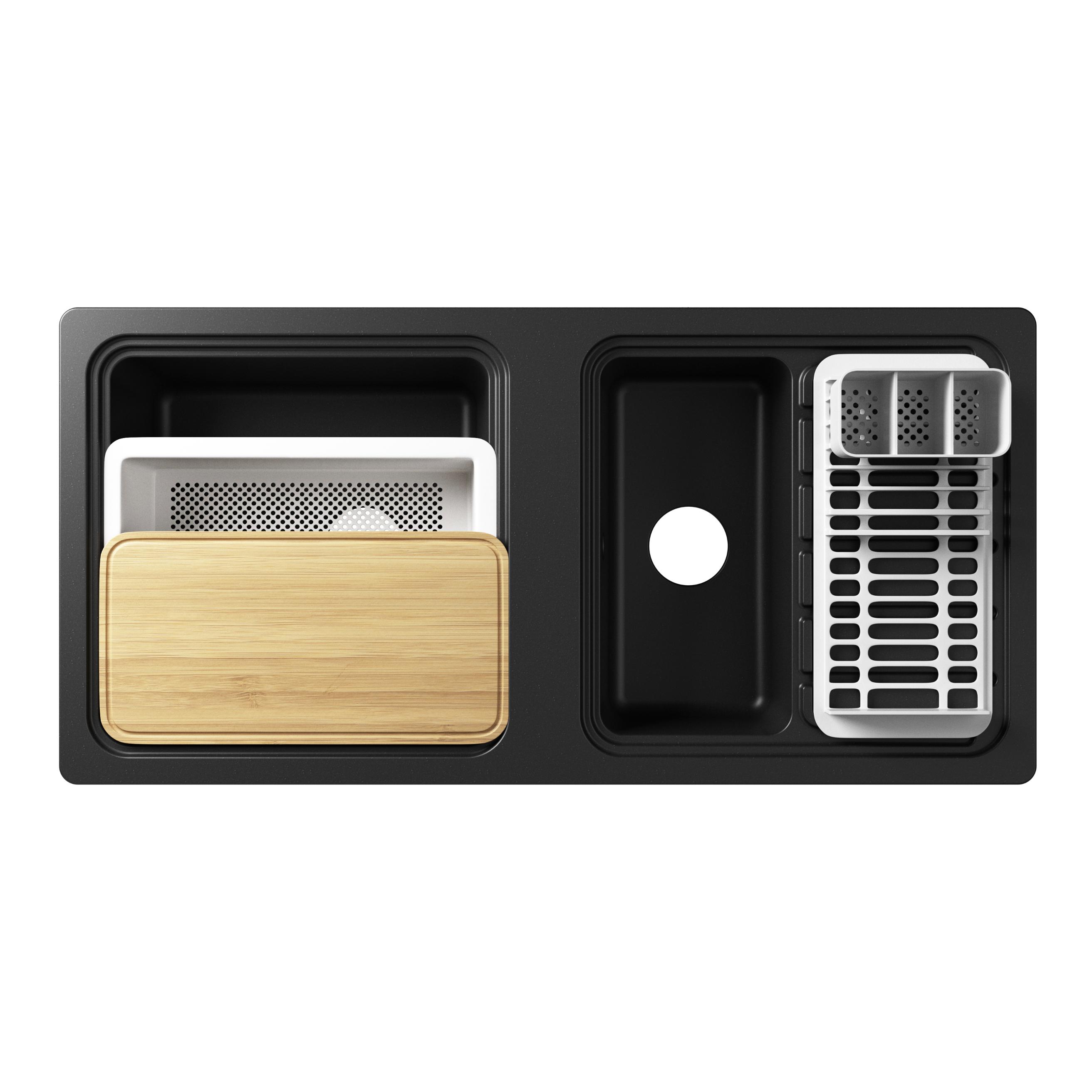 Chiuveta bucatarie GOODHOME Romesco, 1 1/2 cuve, otel inoxidabil, accesorii, negru