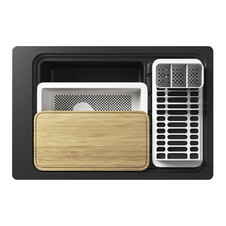 Chiuveta bucatarie GoodHome Romesco, 1 cuva, picurator reversibil, compozit quartz, accesorii, negru