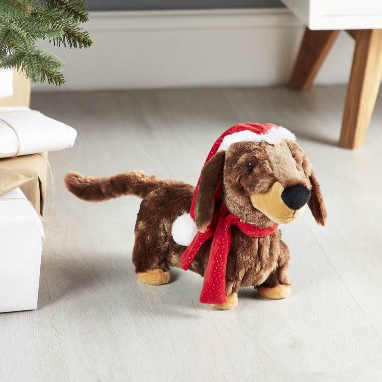 Jucarie Caine, 22 cm, merge si canta, pe baterie, plus, maro