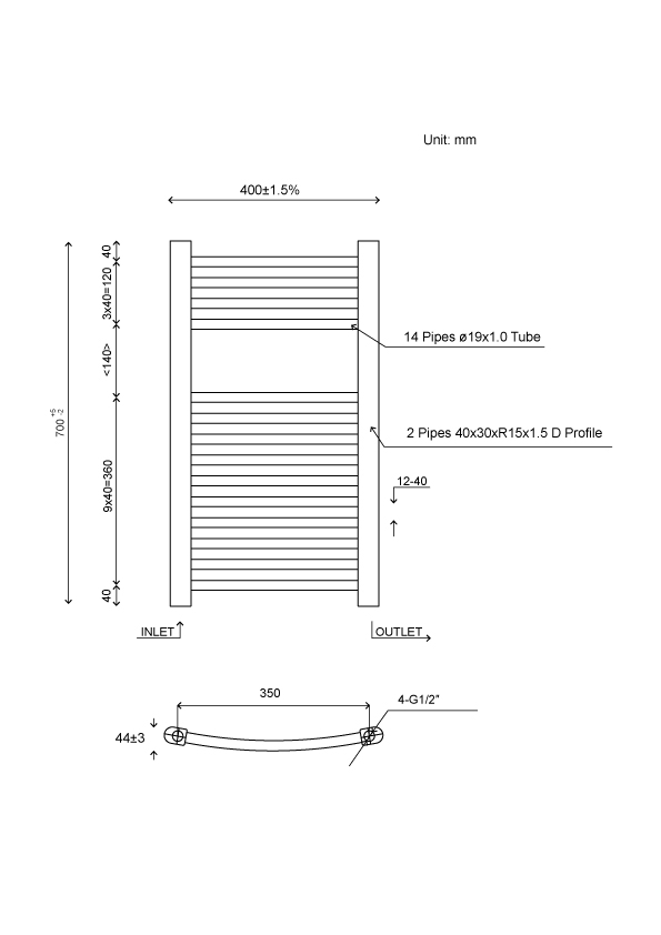 Radiator portprosop drept Flomasta, otel, 40 x 70 cm, alb