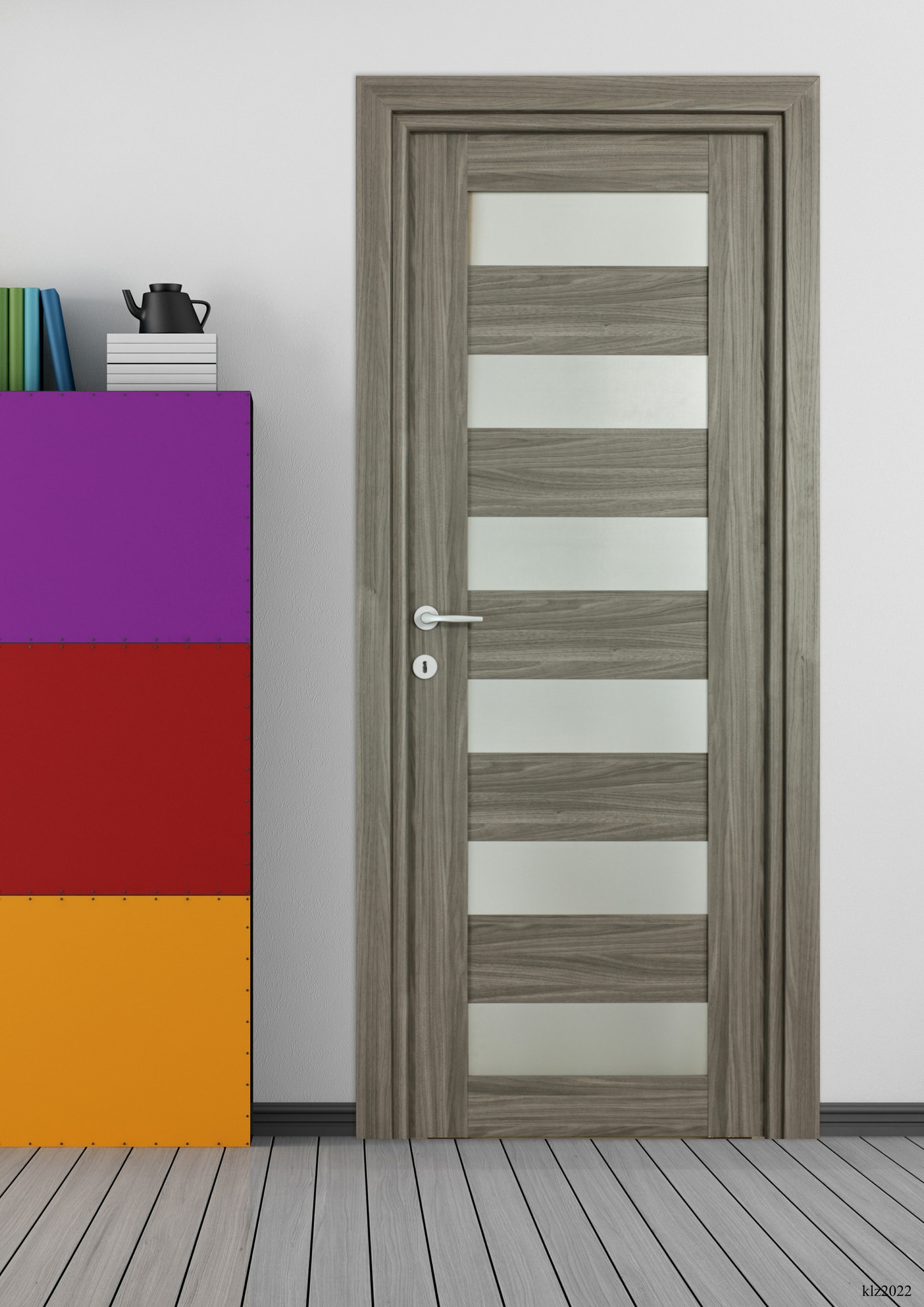 Usa interior Trame, cu geam, reversibila, MDF, 68 x 203 cm, gri inchis