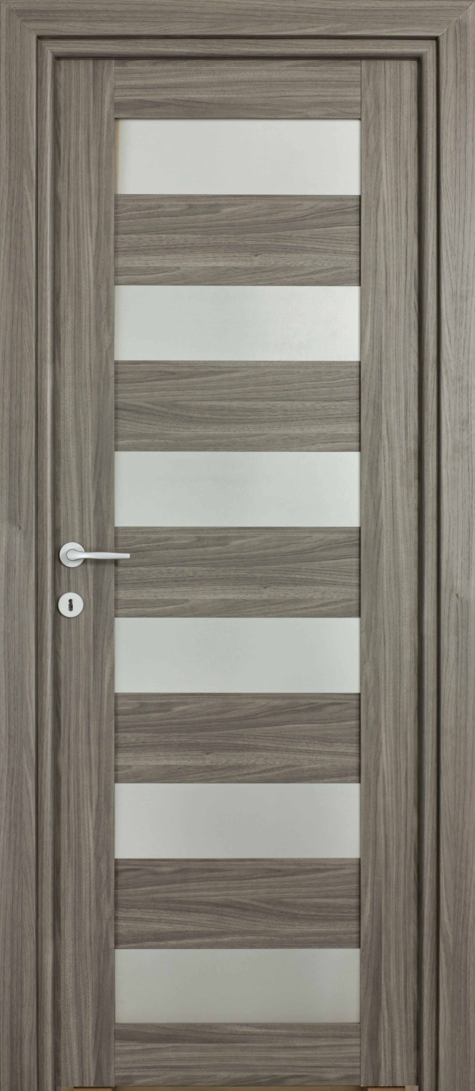 Usa de interior cu geam, gri, reversibila, mdf, 203 x 88 cm, toc inclus • Trame