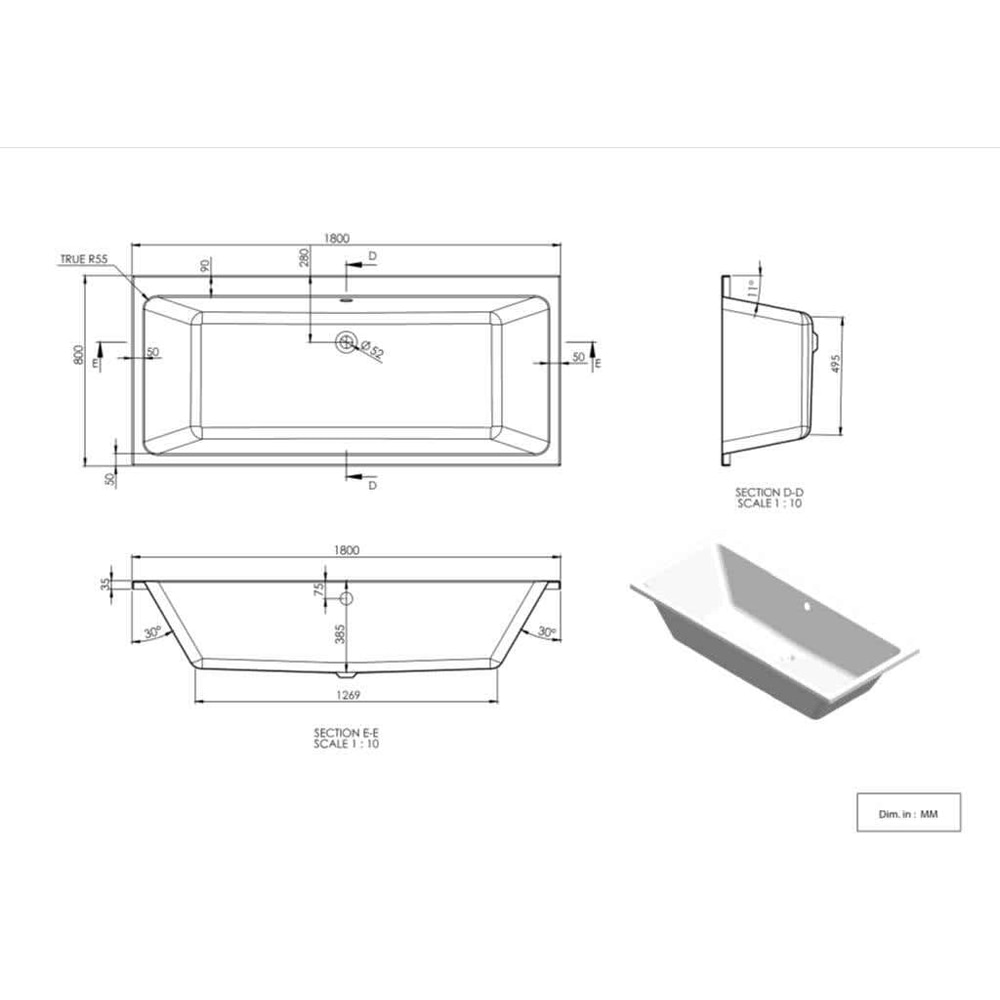 Cada baie GOODHOME Teesta, reversibila, acril, 180 x 80 x 38.5 cm, alb