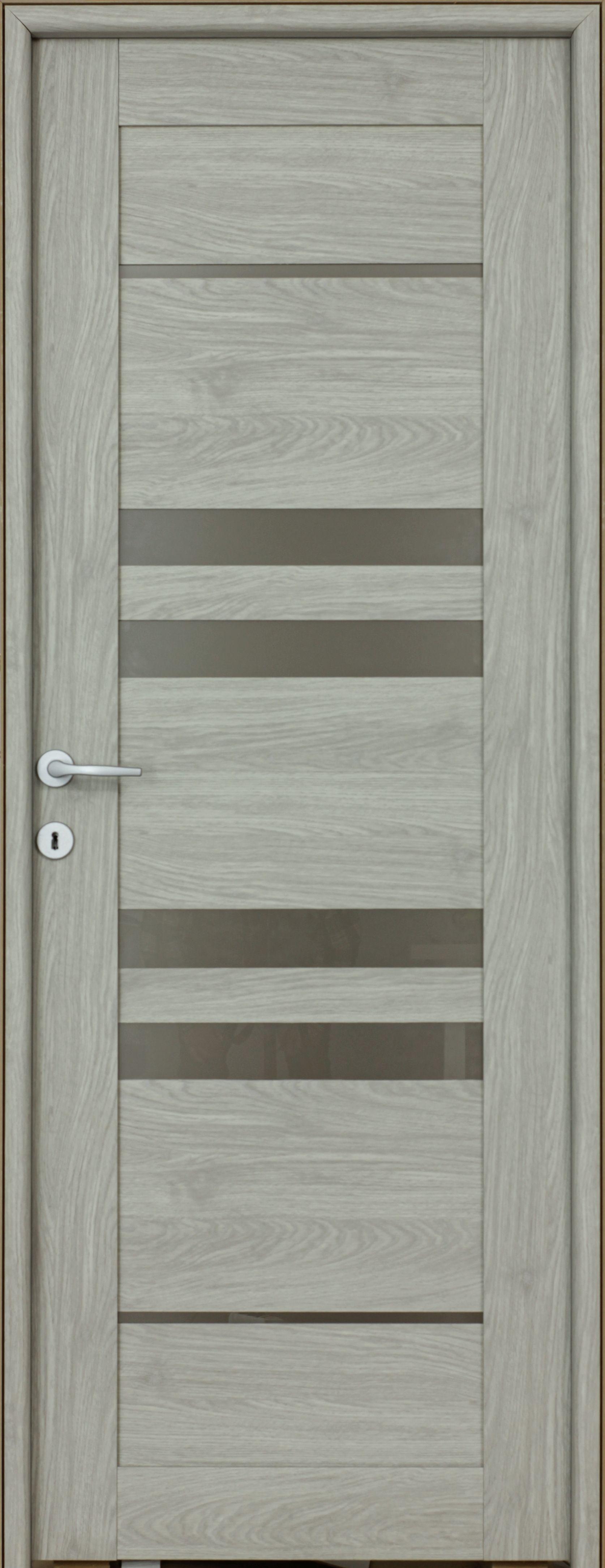 Usa de interior cu geam, gri, reversibila, mdf, 203 x 78 cm, toc inclus • Rino