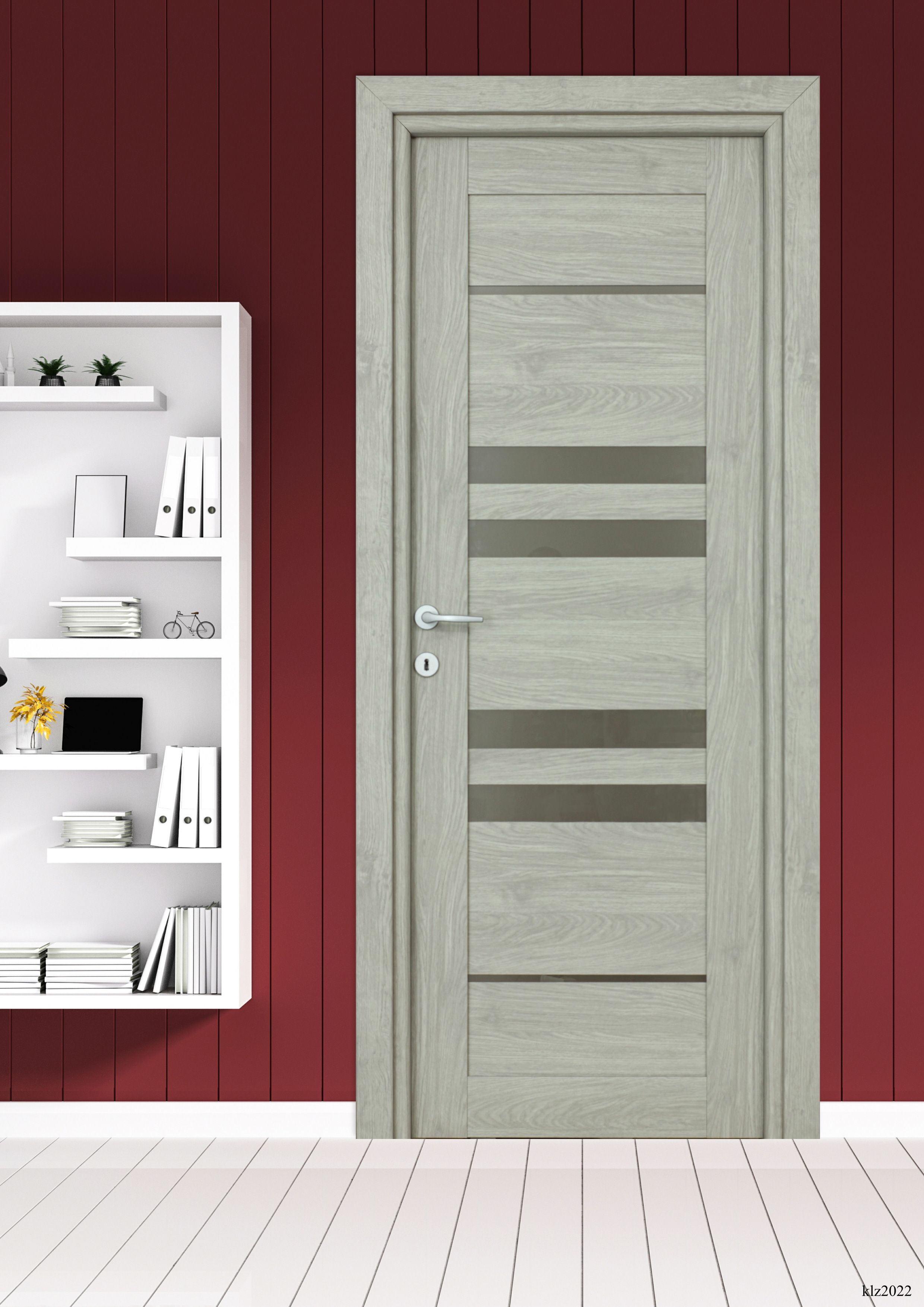 Usa interior Rino, cu geam, reversibila, MDF, 88 x 203 cm, gri deschis