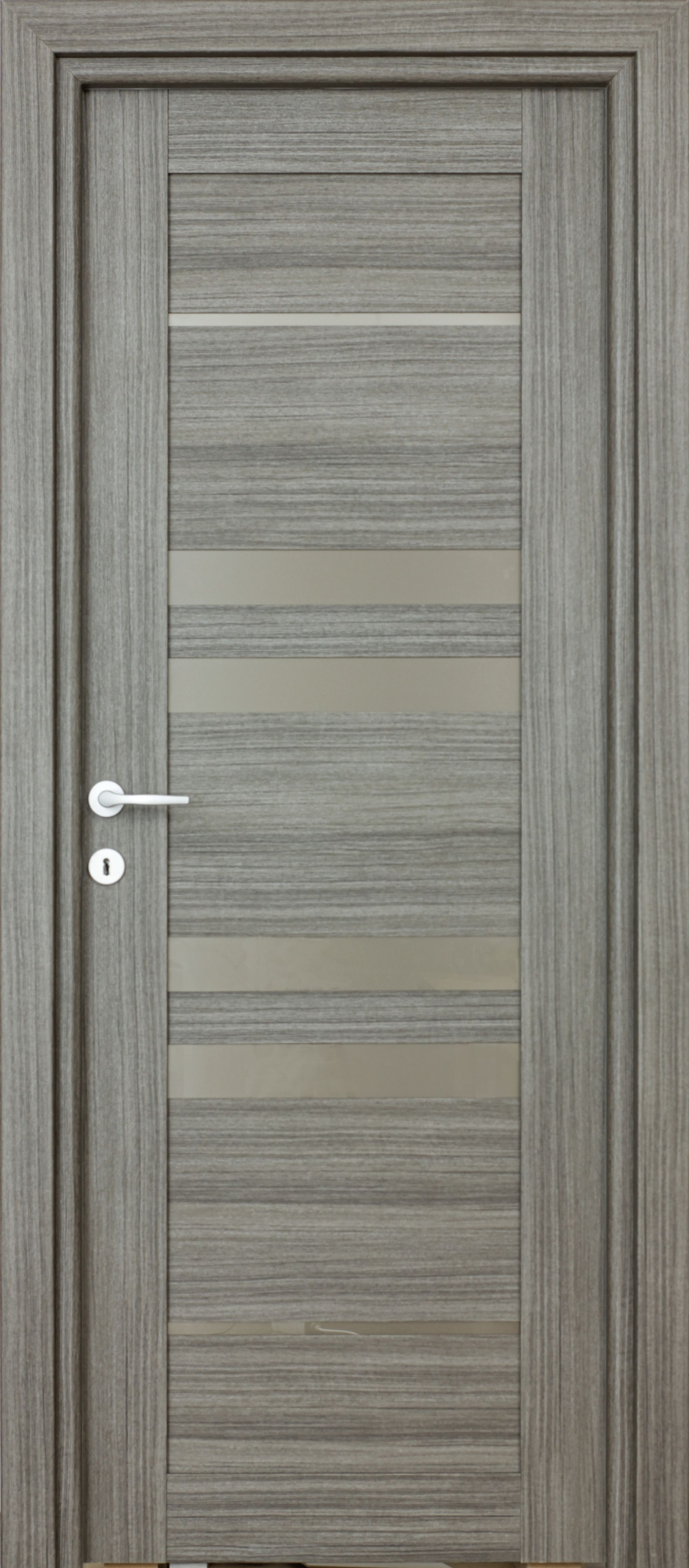 Usa de interior cu geam, gri, reversibila, mdf, 203 x 68 cm, toc inclus • Rino