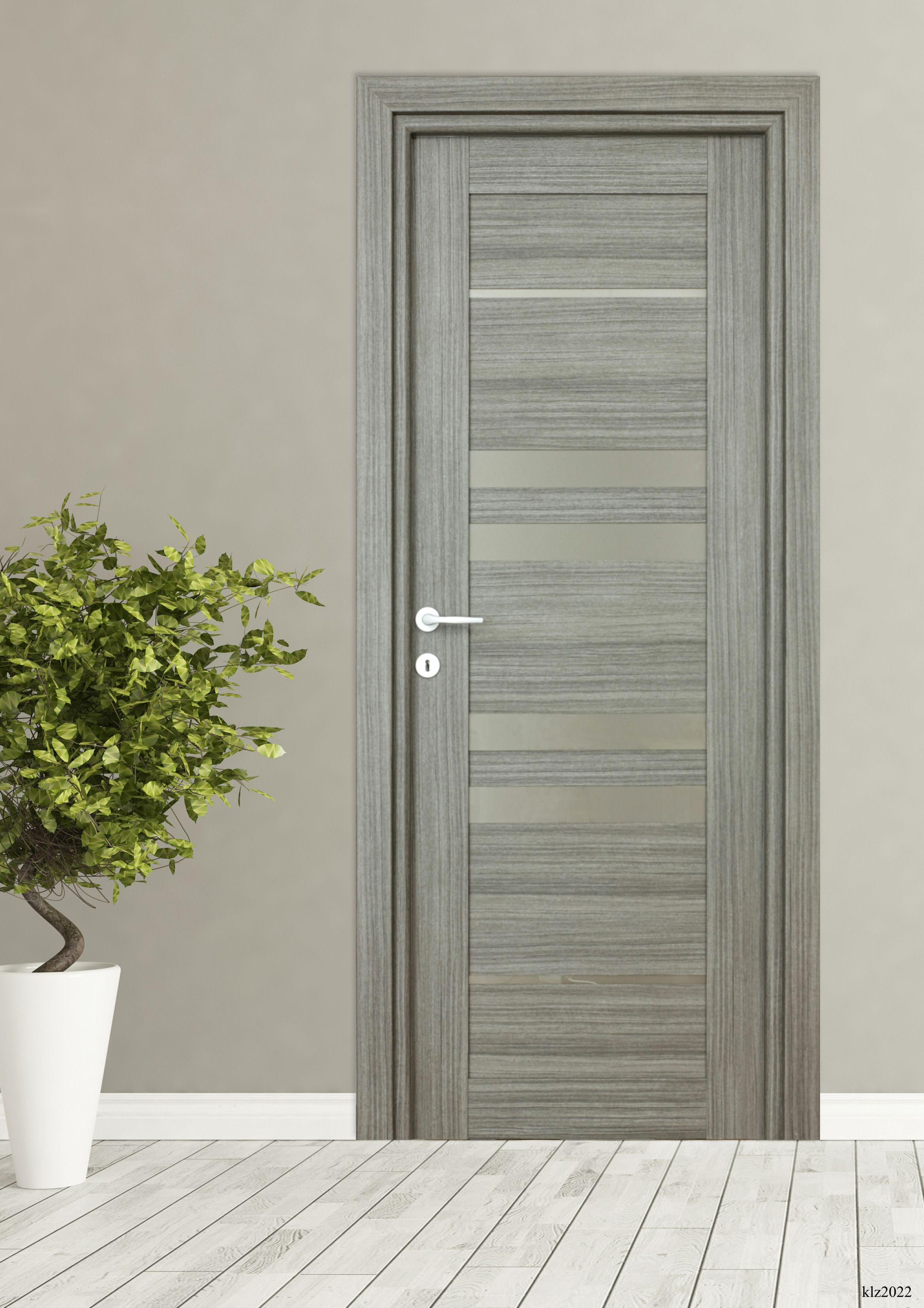 Usa de interior cu geam, gri, reversibila, mdf, 203 x 78 cm, toc inclus  Rino