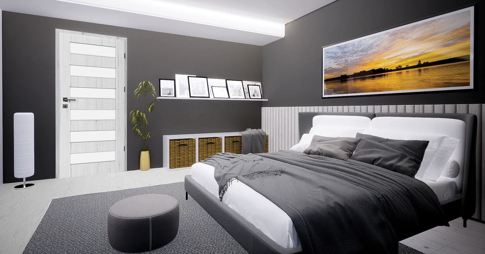 Usa de interior cu geam, gri, stanga, mdf, 206 x 68 cm, toc inclus • Trame