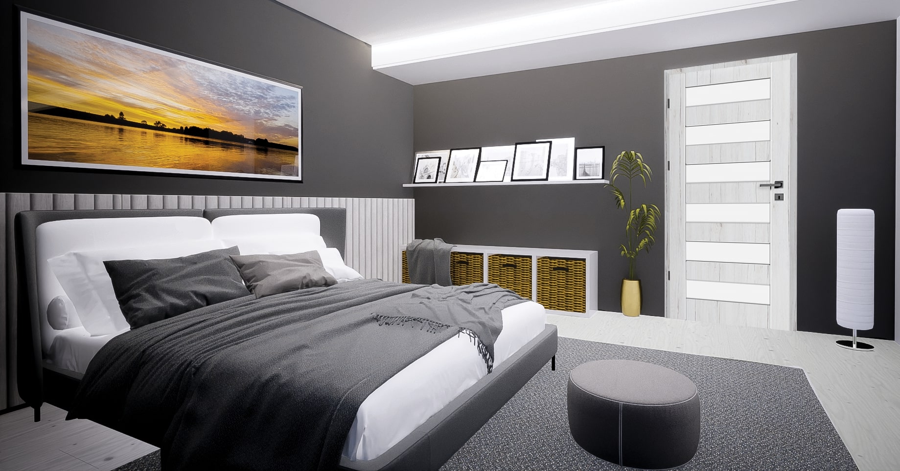 Usa de interior cu geam, gri, dreapta, mdf, 206 x 68 cm, toc inclus • Trame