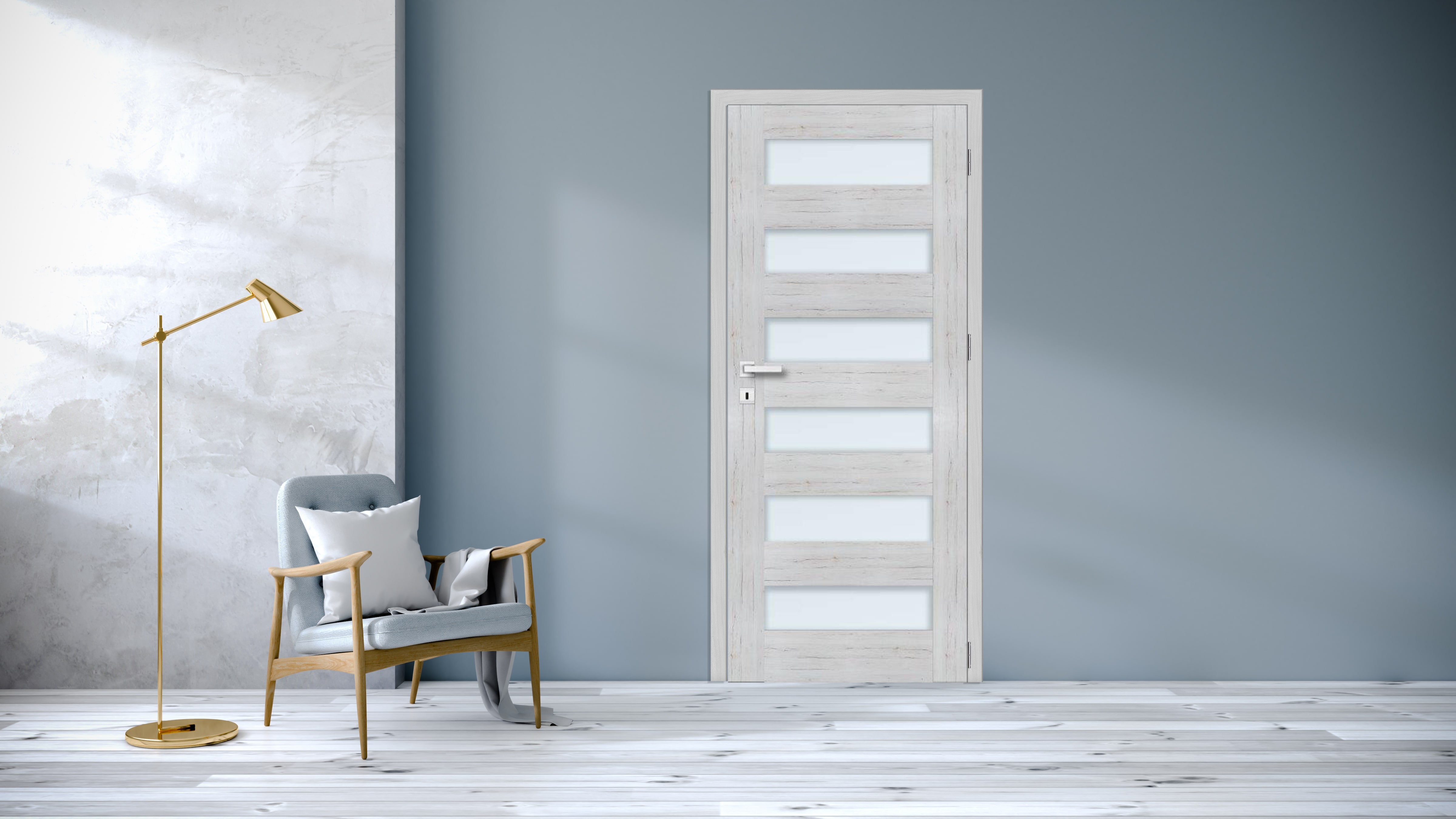 Usa de interior cu geam, gri, stanga, mdf, 206 x 88 cm, toc inclus • Trame