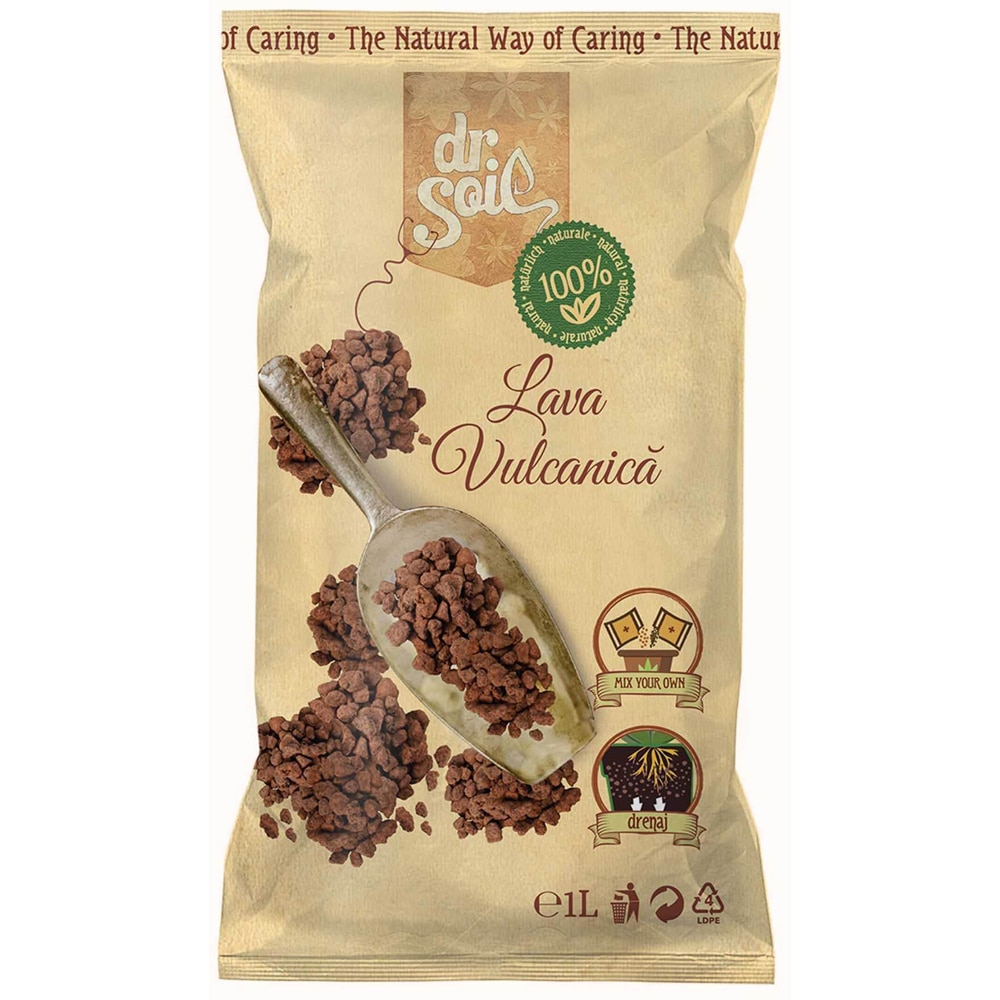 Lava vulcanica Dr. Soil, ameliorator sol, pietricele, pentru plante ornamentale, flori, legume, arbusti fructiferi, 1 l