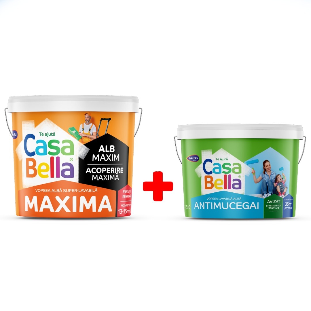Vopsea super-lavabila, alba, 15L + vopsea antimucegai, 2.5L  Casabella
