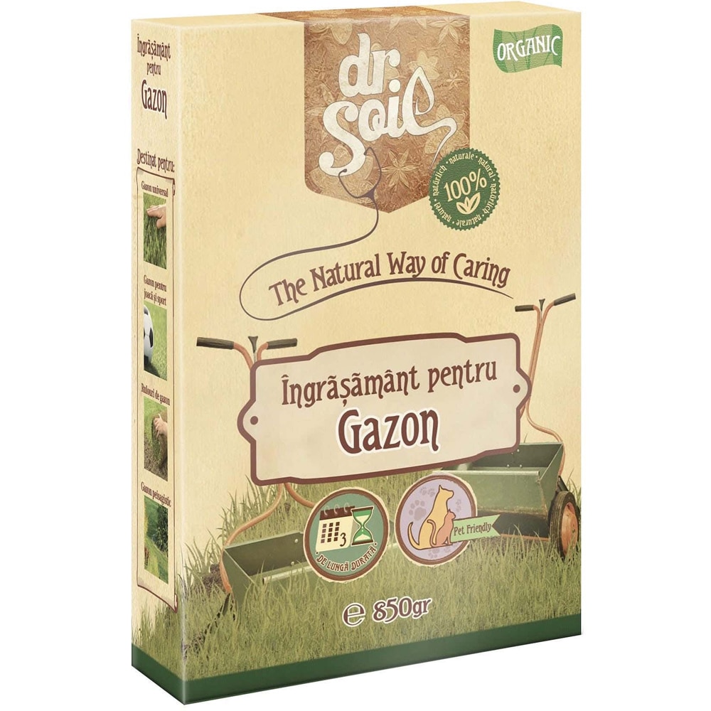 Ingrasamant granulat organic Dr. Soil, pentru gazon, cutie de 850gr