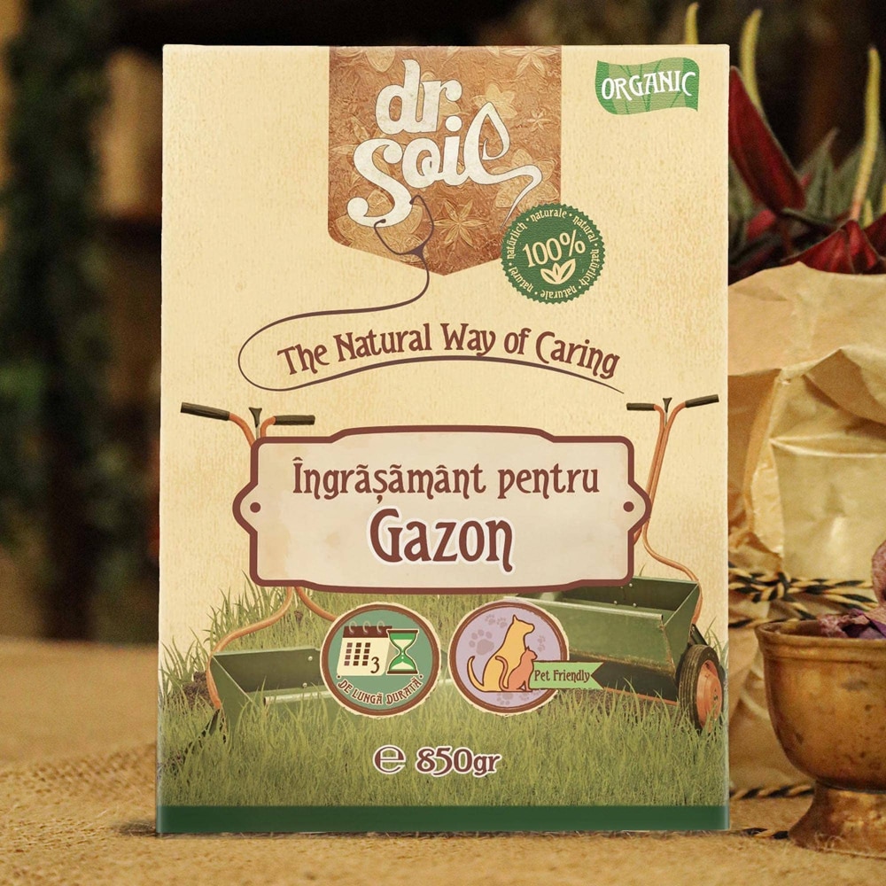 Ingrasamant granulat organic Dr. Soil, pentru gazon, cutie de 850gr