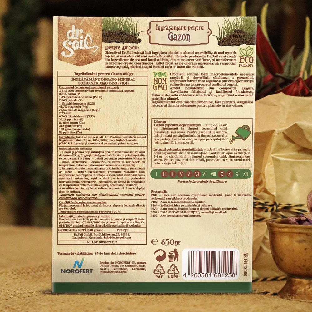 Ingrasamant granulat organic Dr. Soil, pentru gazon, cutie de 850gr