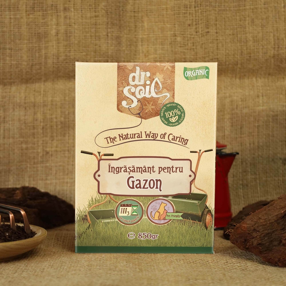 Ingrasamant granulat organic Dr. Soil, pentru gazon, cutie de 850gr