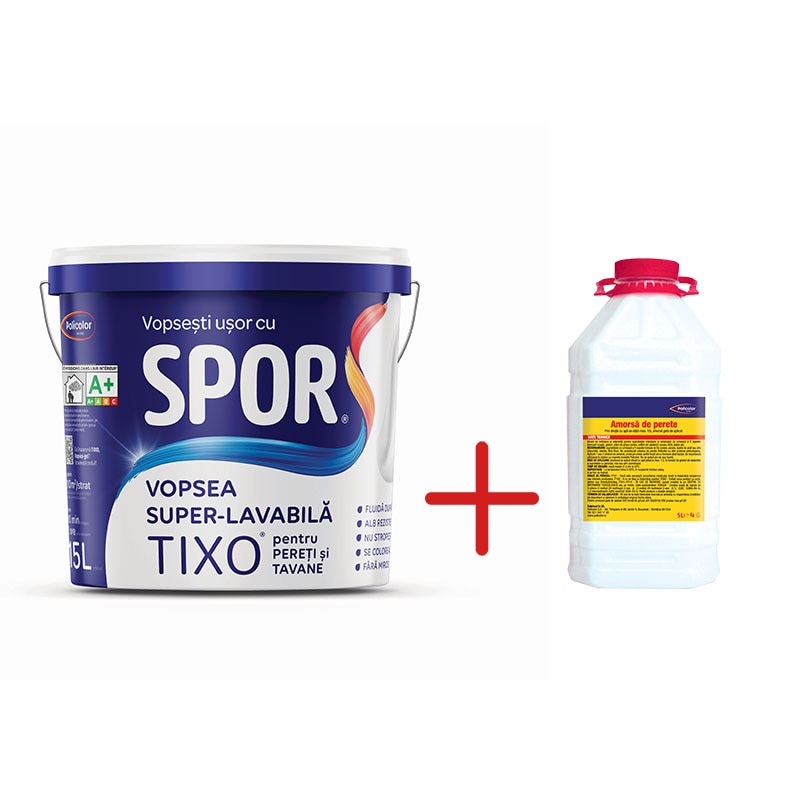 Vopsea lavabila, interior, alb, 15L + amorsa, 5L  Spor Tixo