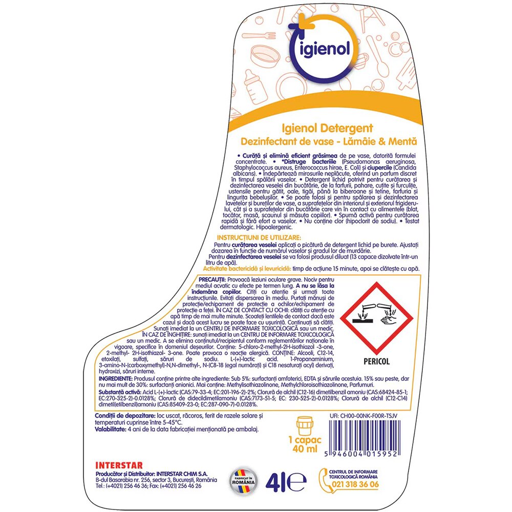 Detergent dezinfectant de vase IGIENOL, Lamaie & Menta, 4 l