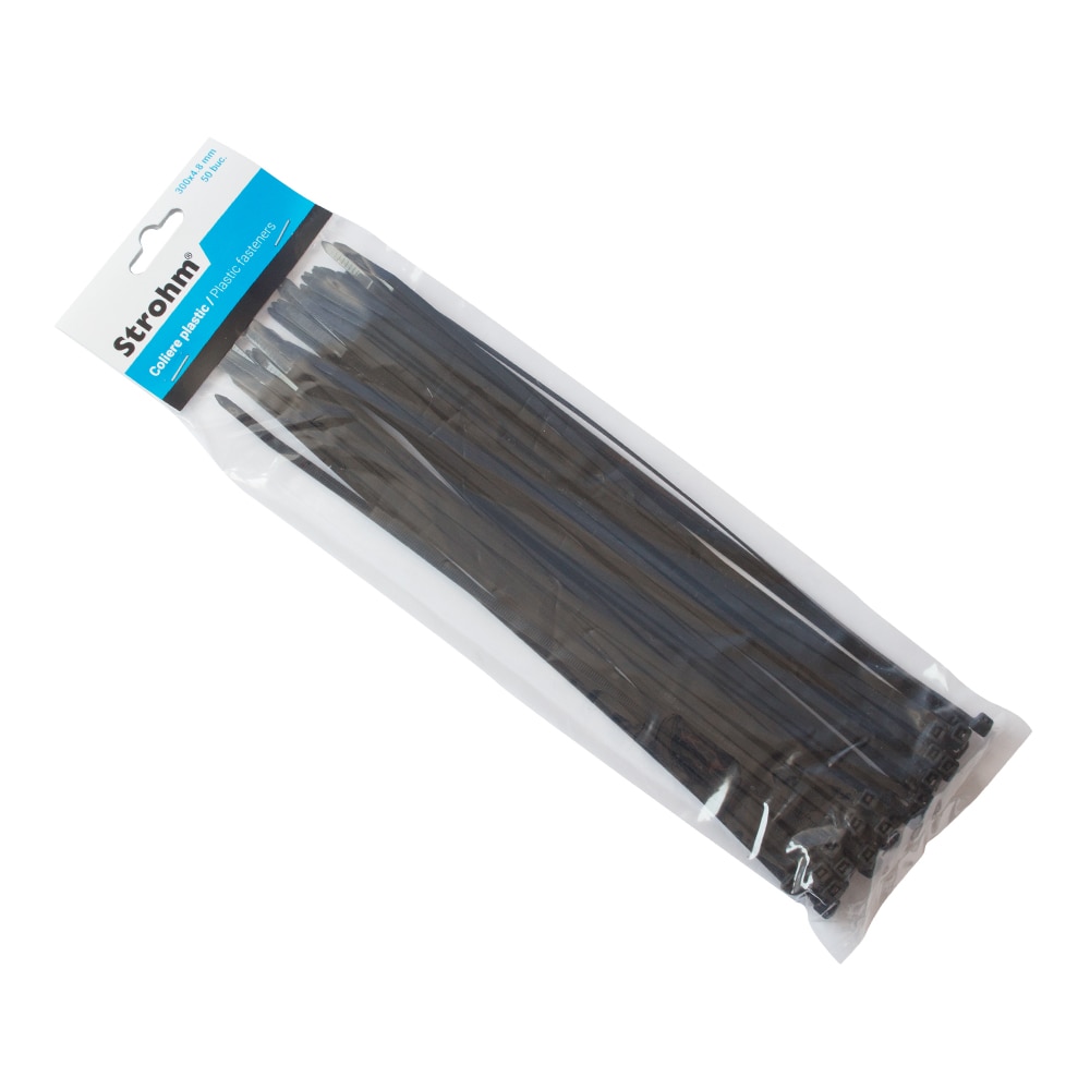 Colier plastic, negru, 400 x 4 x 8 mm, 50 bucati  Strohm