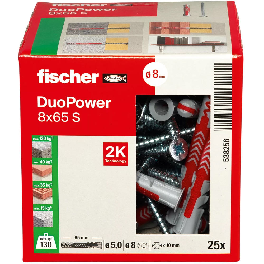 Diblu universal FISCHER DuoPower, nylon, cu surub, 8 x 65 mm, 50 bucati