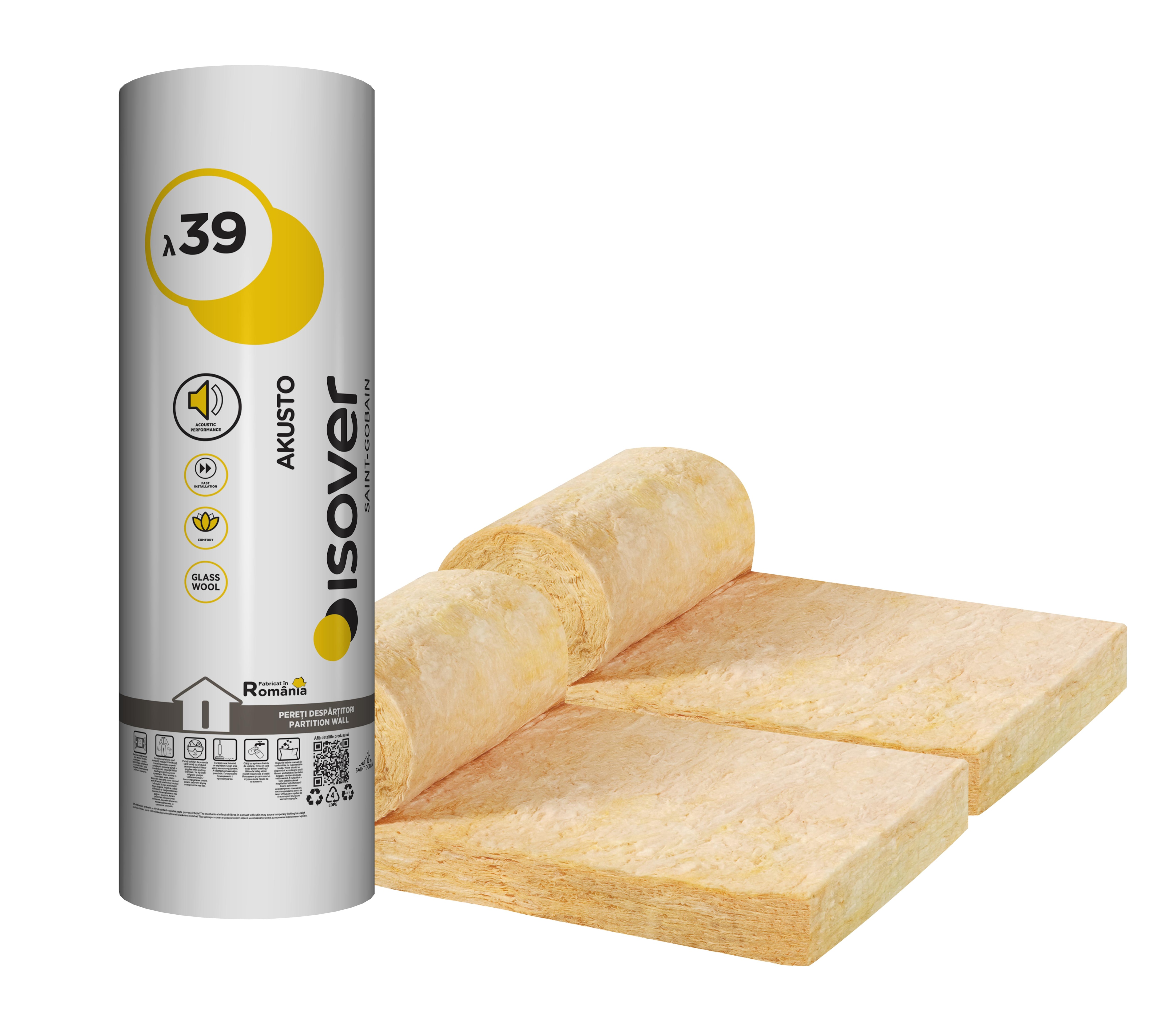 Vata minerala de sticla 10,8 mp, 0,039 W/mK, 900 x 60 x 7,5 cm  Isover