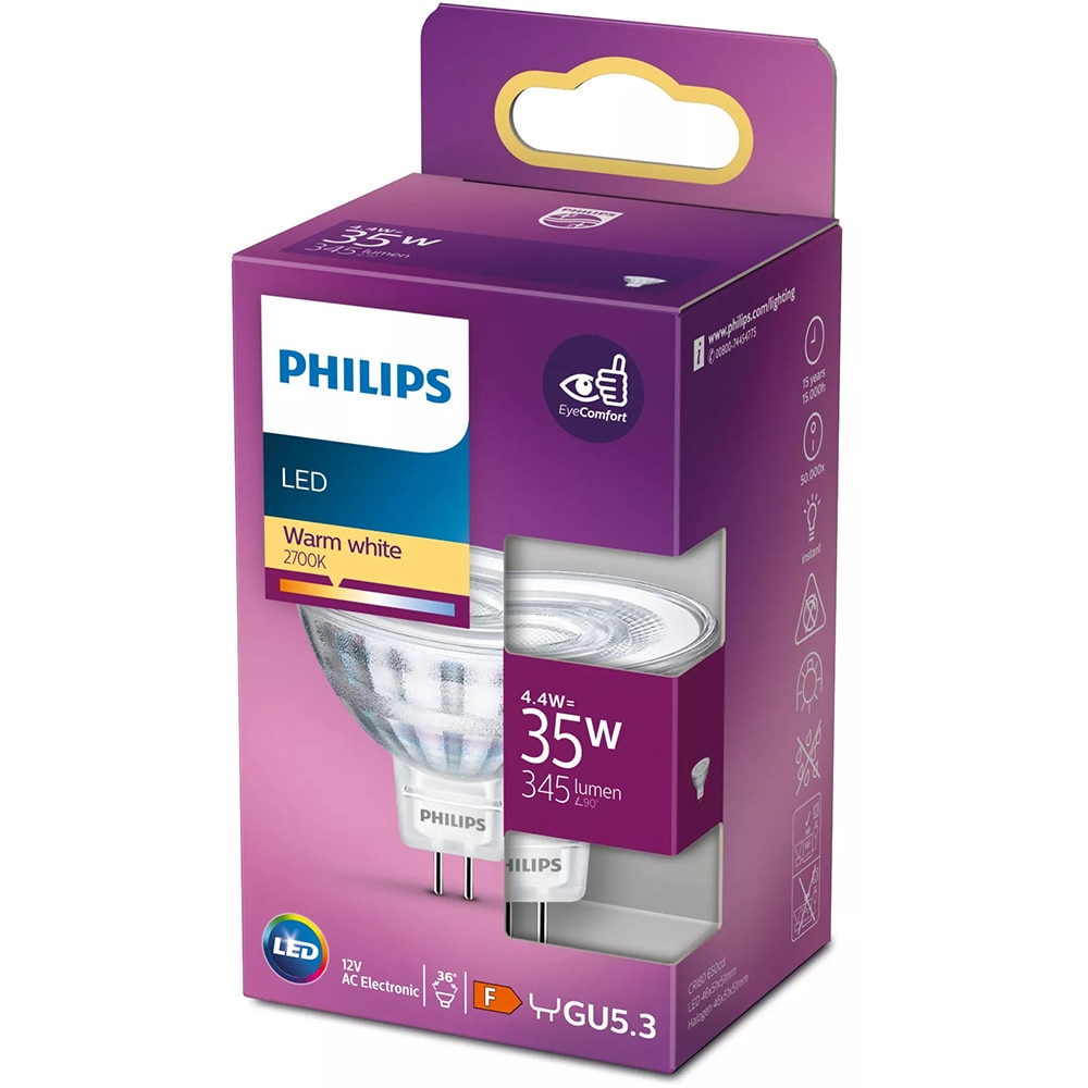Spot LED PHILIPS 8719514307629 GU5.3, 4.4W, 345lm, transparent