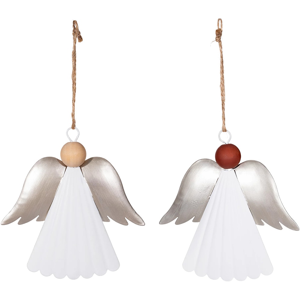 Set 2 decoratiuni ingeras, 12.4 cm, metal si lemn, alb