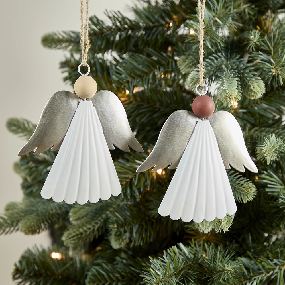 Set 2 decoratiuni ingeras, 12.4 cm, metal si lemn, alb