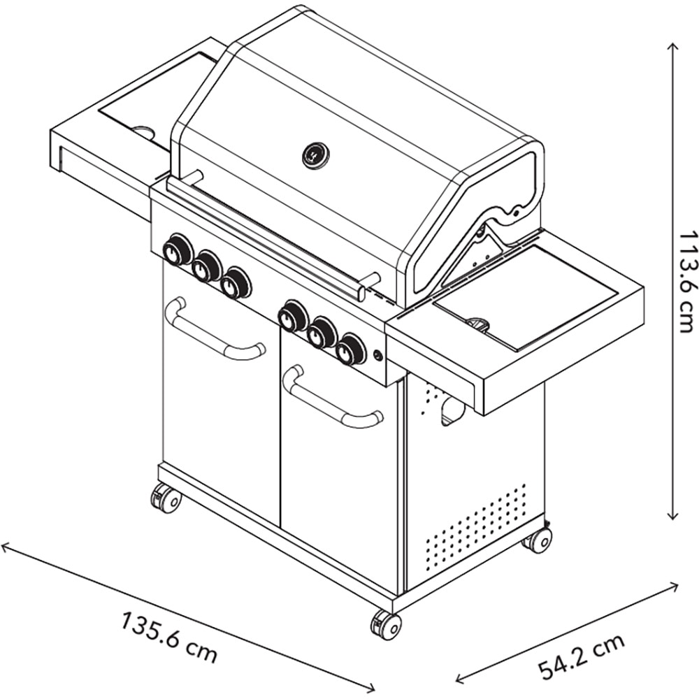 Gratar gaz cu 4+2 arzatoare SST, 135.6 x 54.2 x 113.6 cm, grill emailat din fonta, otel, argintiu