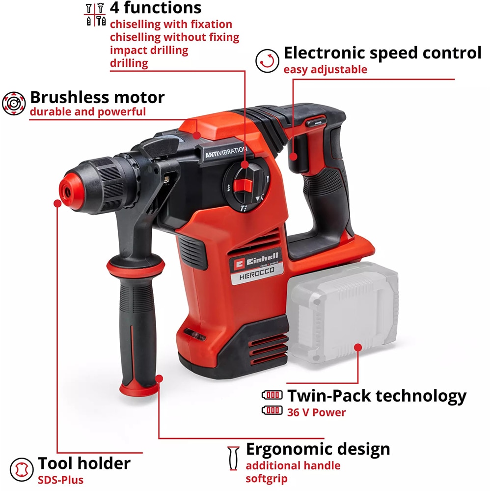Ciocan rotopercutor cu acumulator Einhell Herocco, 36/28, 28 mm, SDS-Plus, 36V (2x18V), rosu/negru
