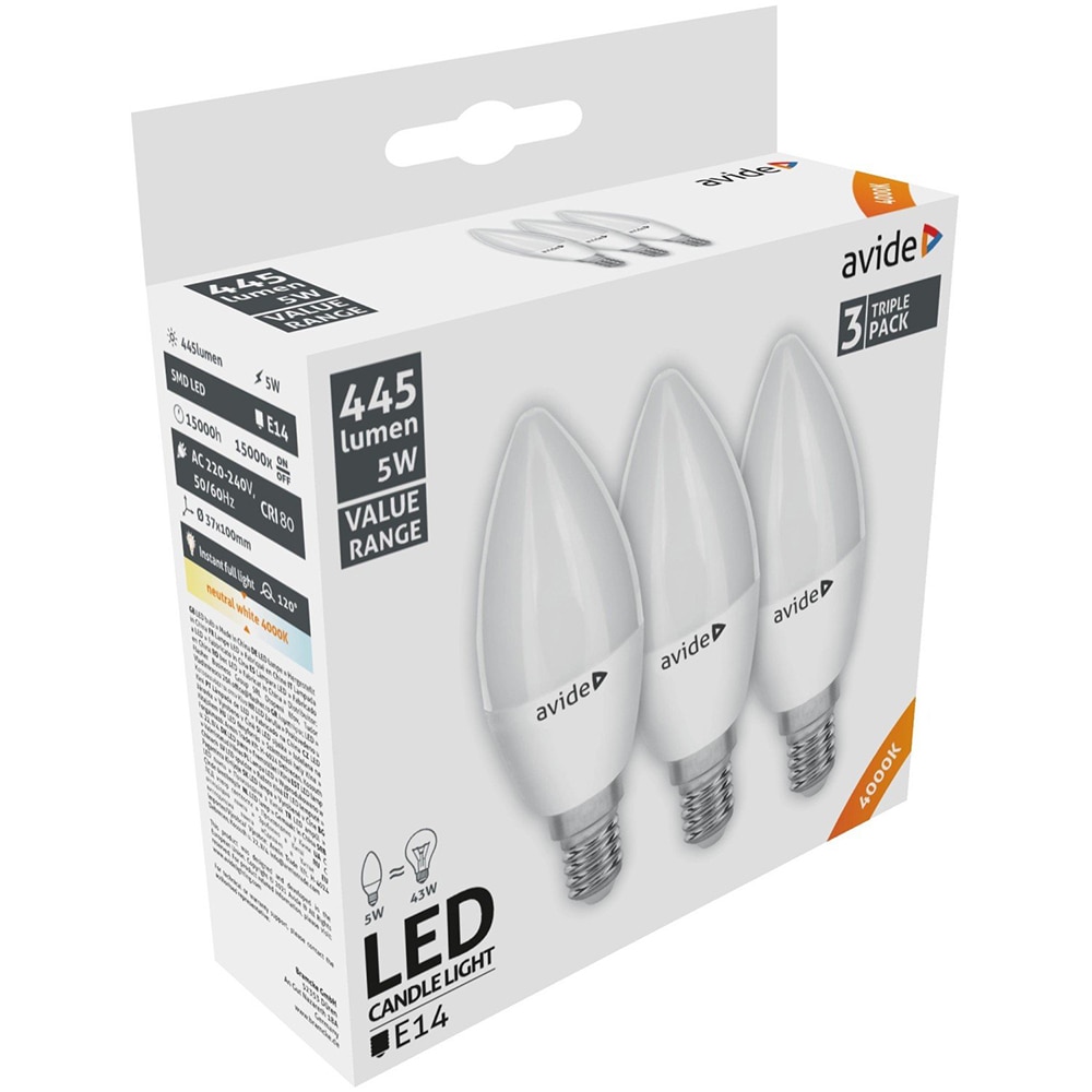 Set 3 becuri LED AVIDE, E14, 5W, 445lm, lumina neutra