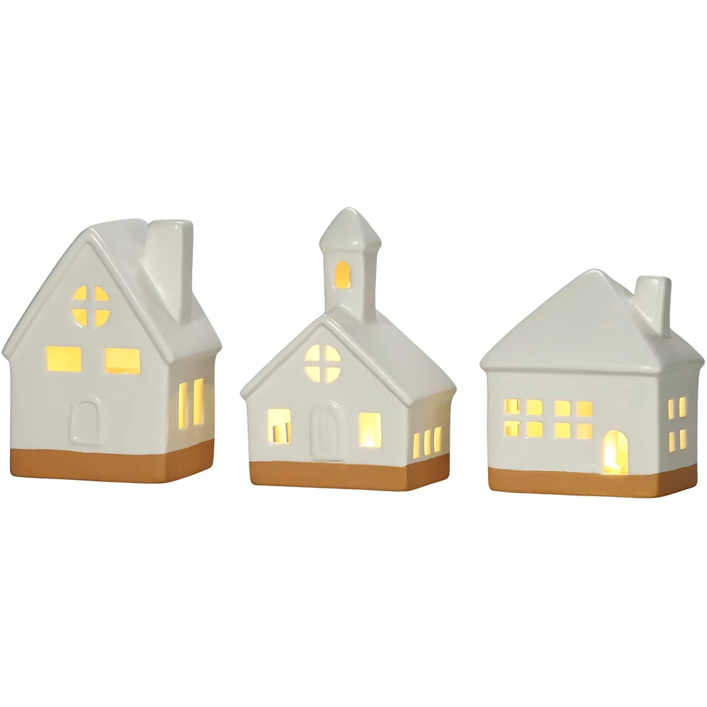 Set 3 decoratiuni casa LED, 10.5-13.5 cm x 8-8.5 cm x 9-9.5 cm, ceramica, alb