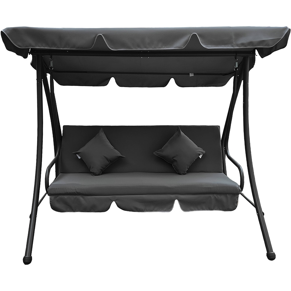 Balansoar gradina 3 locuri cu spatar rabatabil, 2 perne, poliester/otel, 200 x 120 x 164 cm, sarcina maxima 270 kg, gri inchis