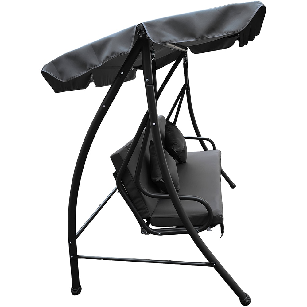 Balansoar gradina 3 locuri cu spatar rabatabil, 2 perne, poliester/otel, 200 x 120 x 164 cm, sarcina maxima 270 kg, gri inchis