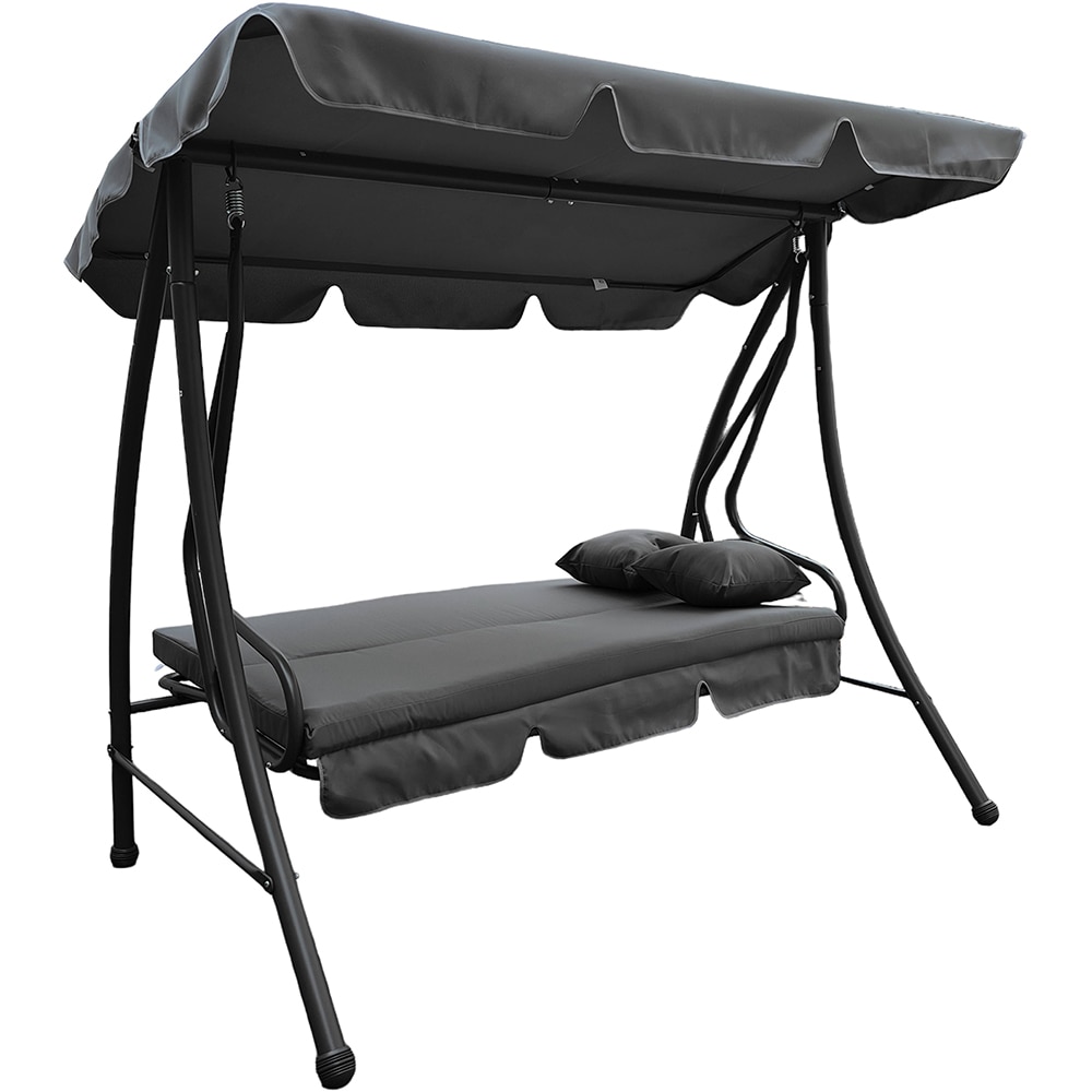 Balansoar gradina 3 locuri cu spatar rabatabil, 2 perne, poliester/otel, 200 x 120 x 164 cm, sarcina maxima 270 kg, gri inchis
