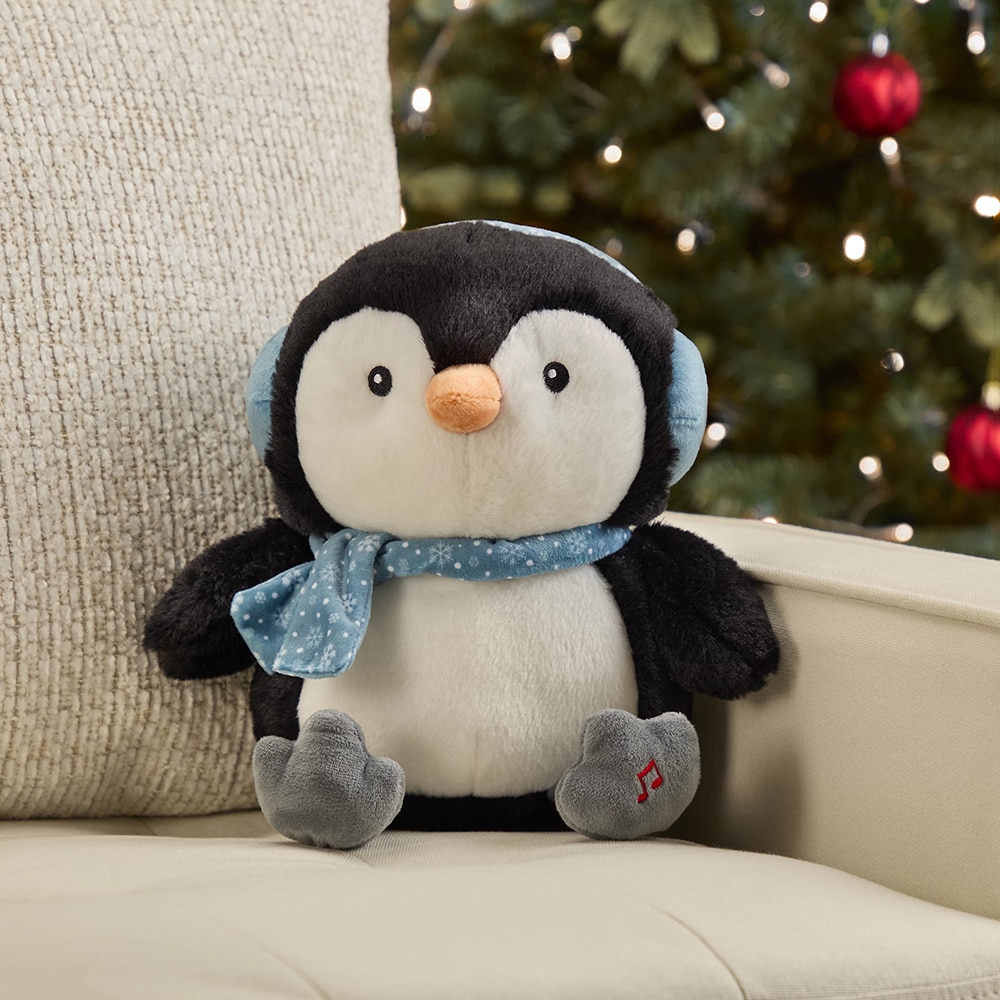 Jucarie plus Pinguin Interactiv Muzical, 25.5 cm, ABS si poliester, alb/negru