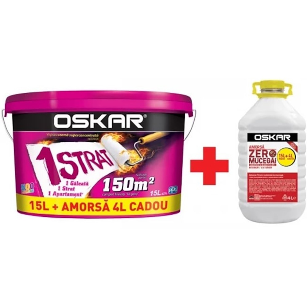 Pachet Vopsea Lavabila Oskar 1 Strat Alba 15L + Amorsa Zero Mucegai 4L