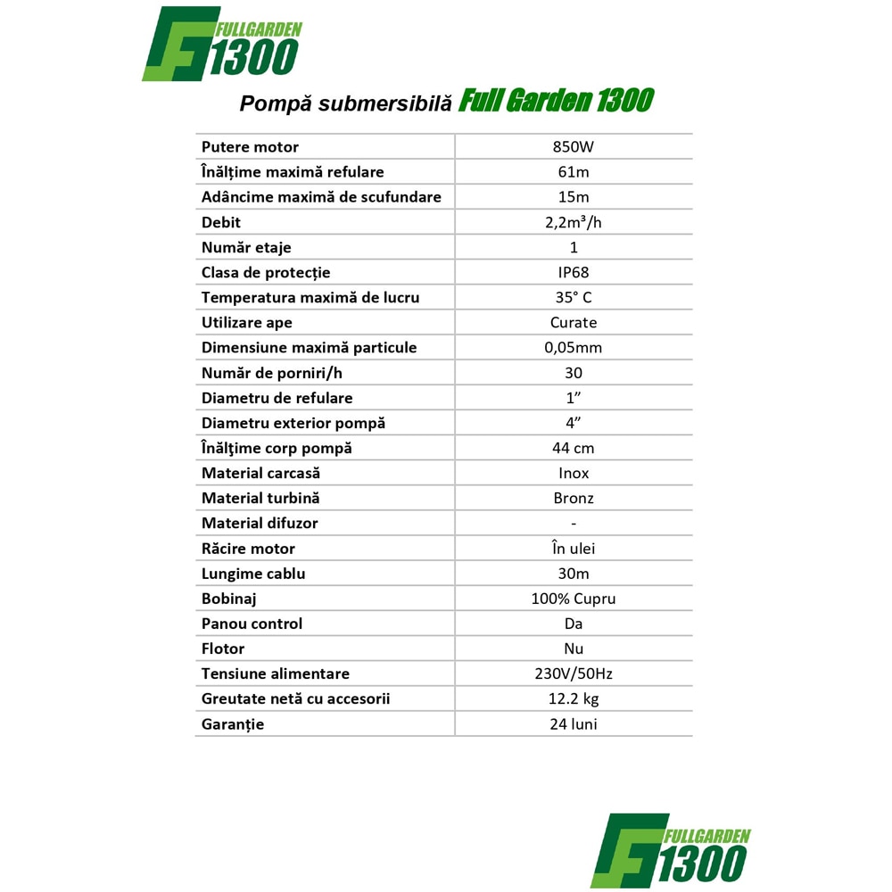Pompa submersibila apa Full Garden 1300, 850 W, 2.2 m3/ora