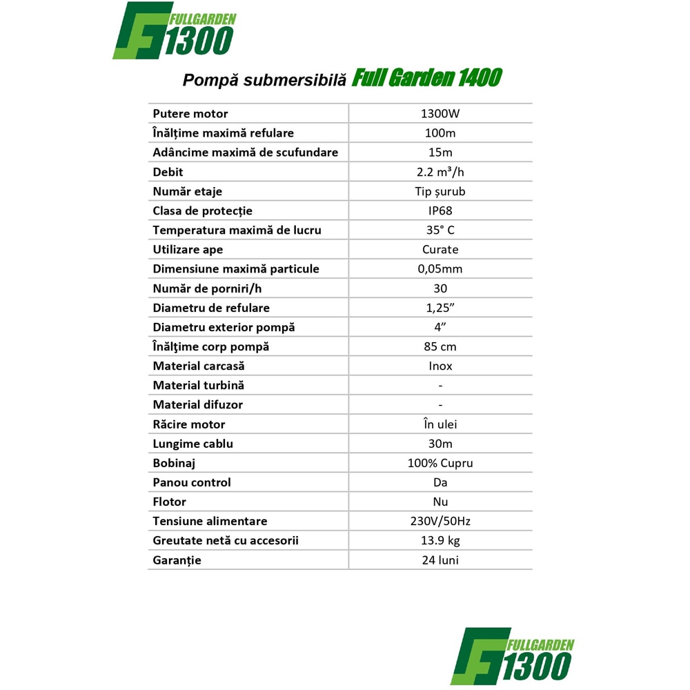 Pompa submersibila apa Full Garden 1400, 1300 W, 2.2 m3/ora