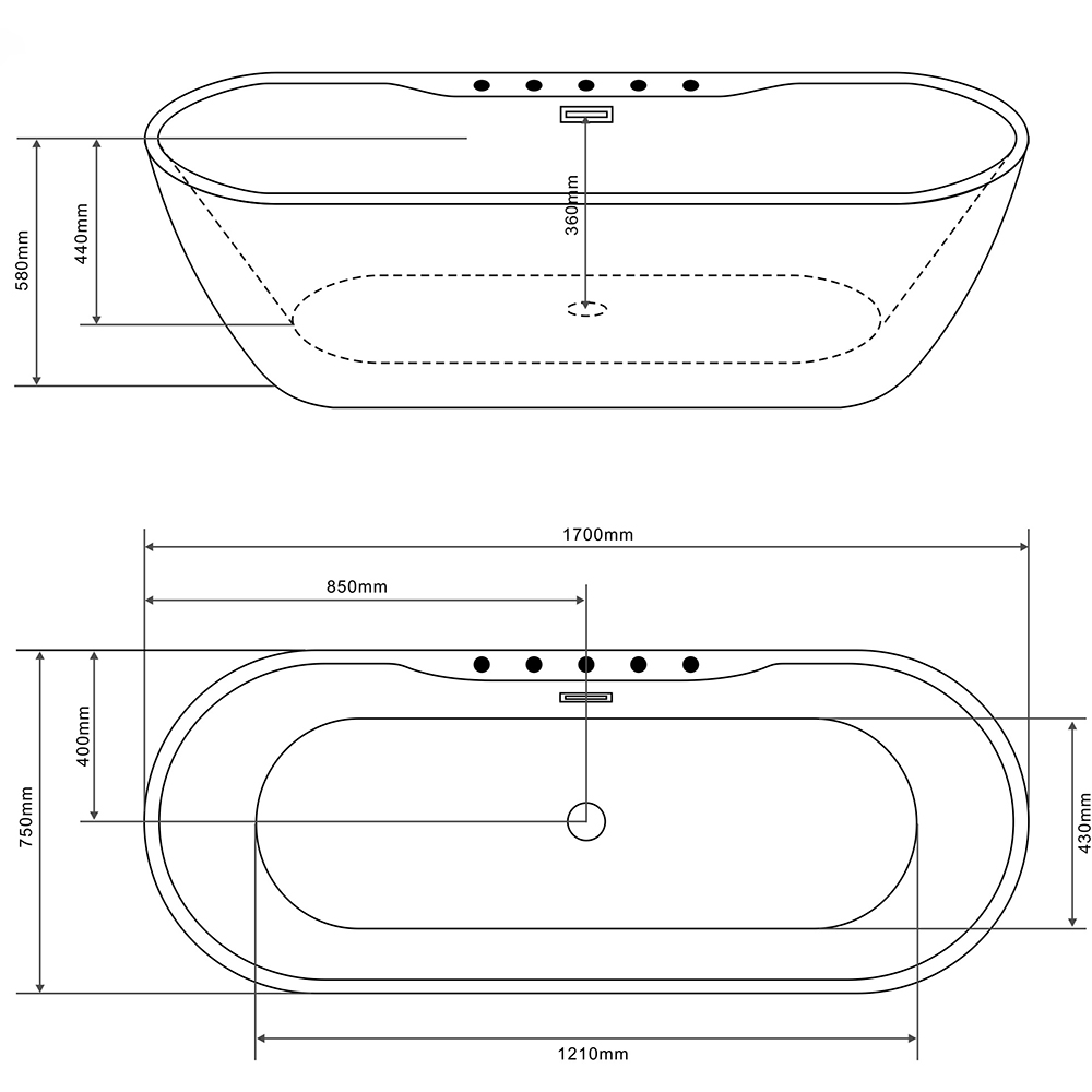 Cada baie freestanding SANOTECHNIK Aruba G9041, acril, 170 x 75 x 58 cm, baterie si para de dus incluse, alb-negru