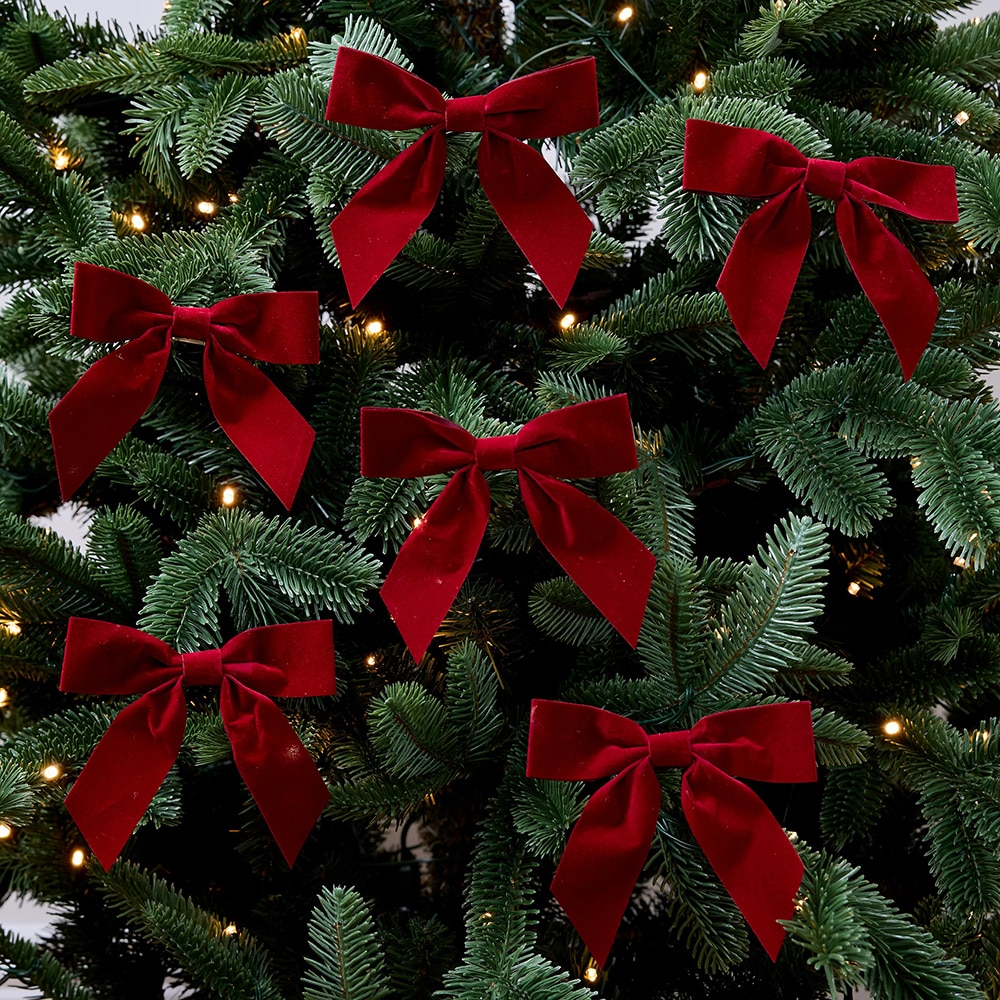 Set 6 fundite pentru brad Craciun, 2 x 13 cm, catifea, rosu 