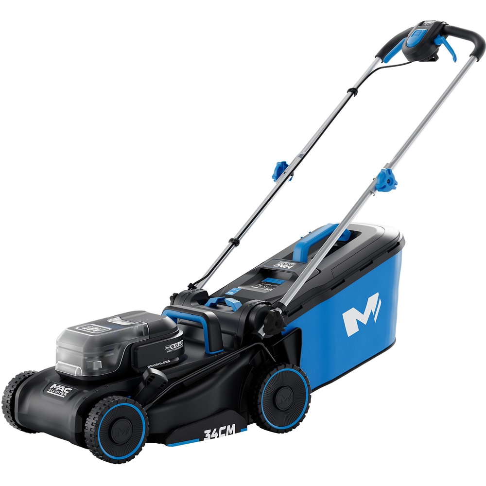 Kit Masina de tuns iarba MAC ALLISTER, 18V, 34 cm, 5 trepte taiere, cos 30 l, negru-albastru