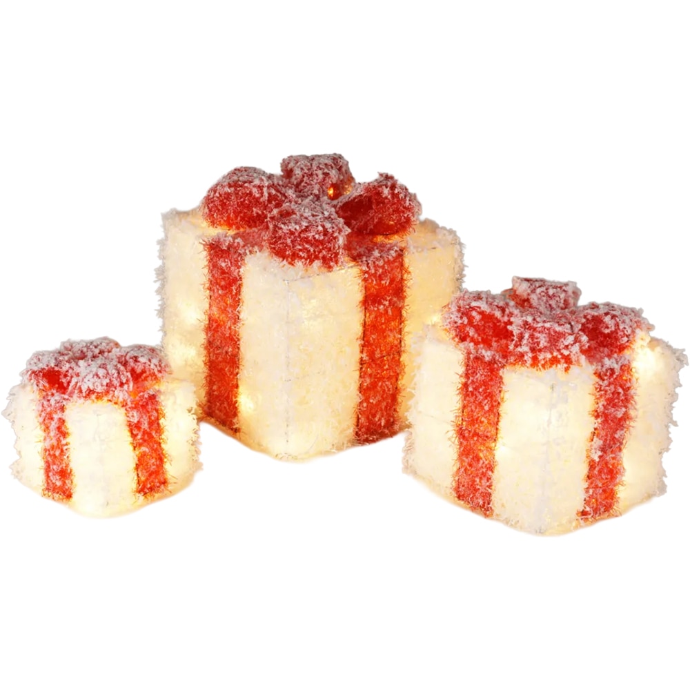 Decoratiuni cutii cadou LED, alb-rosu, 3 bucati