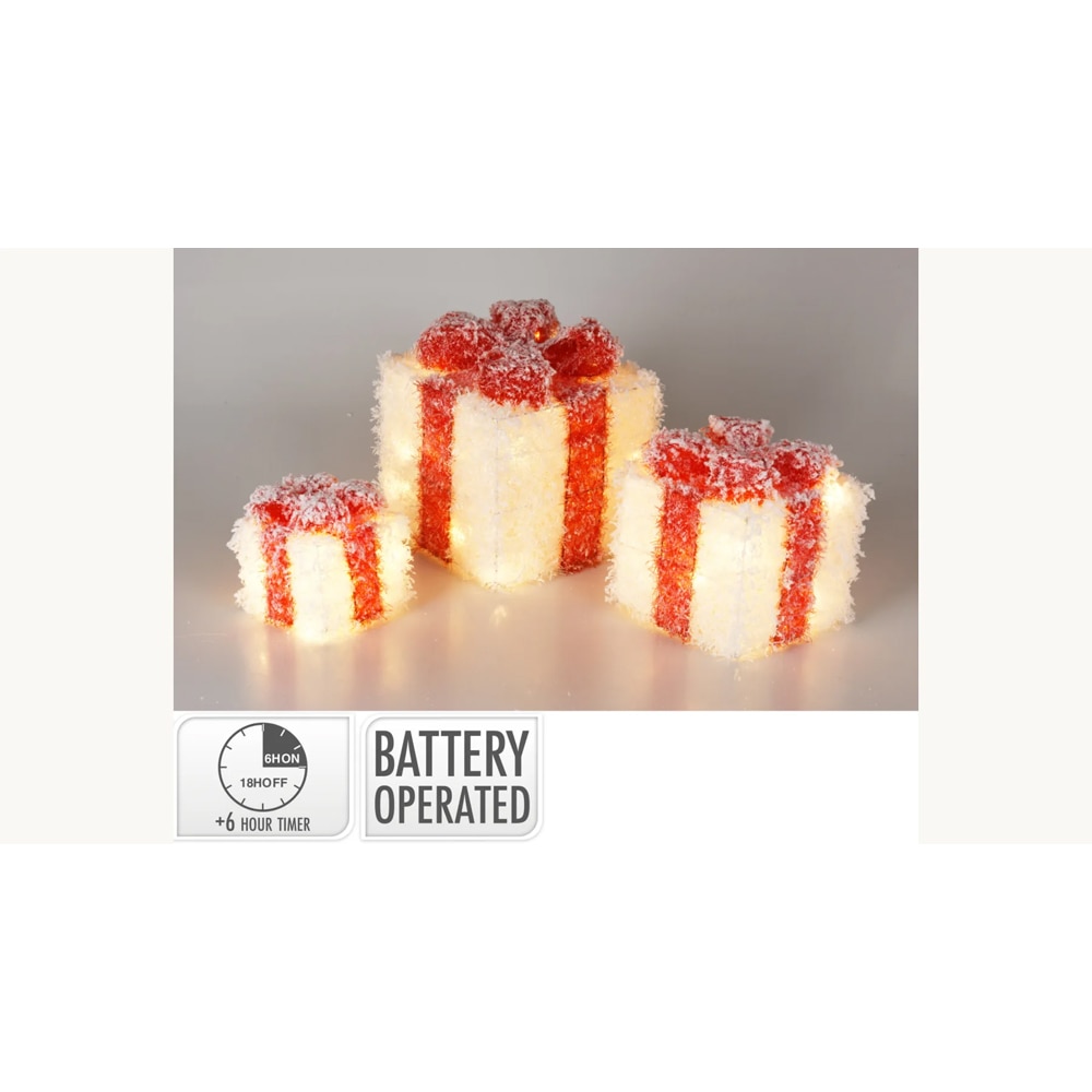 Decoratiuni cutii cadou LED, alb-rosu, 3 bucati