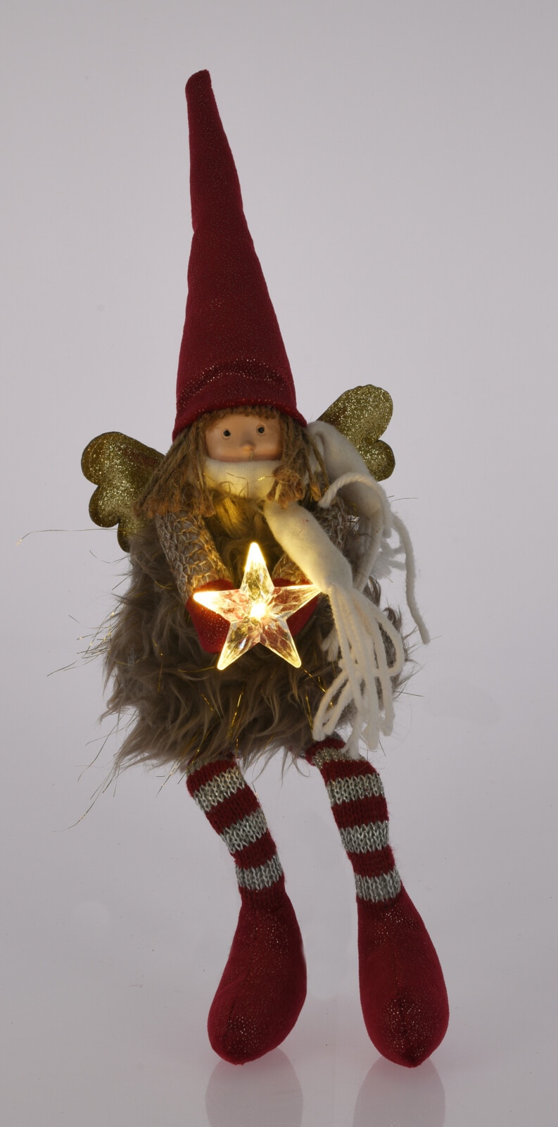 Decoratiune Craciun Inger cu LED stea, 37 cm, rosu-auriu
